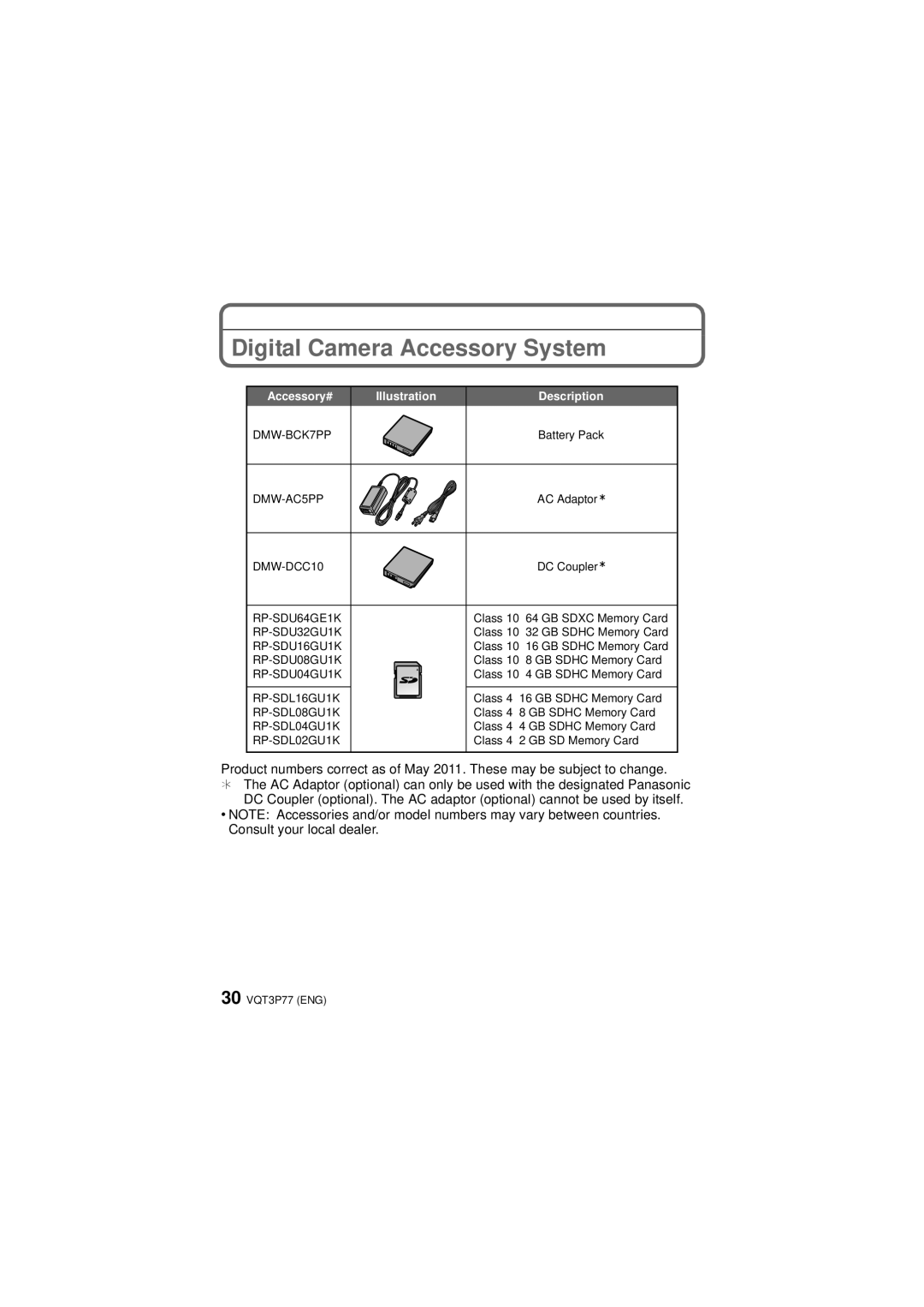 Panasonic DMCFH7K owner manual Digital Camera Accessory System, Accessory# Illustration Description 