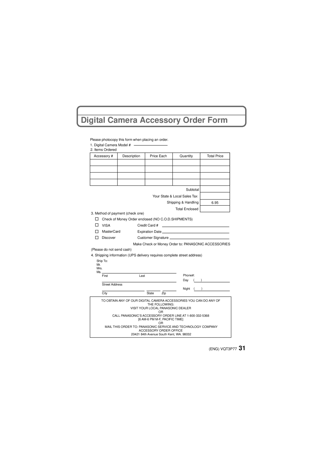 Panasonic DMCFH7K owner manual Digital Camera Accessory Order Form, Visa 