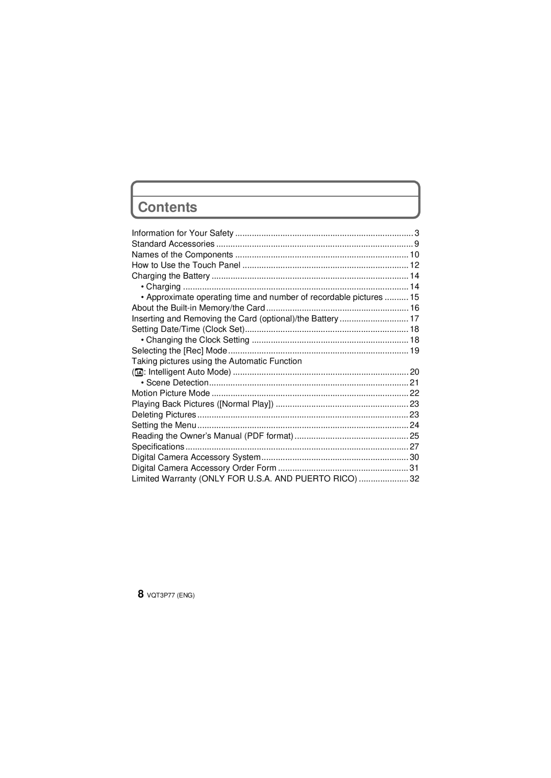 Panasonic DMCFH7K owner manual Contents 