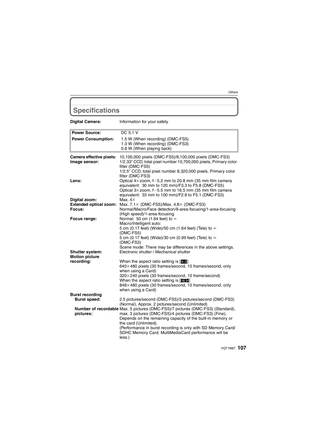 Panasonic DMCFS3A, DMCFS3S, DMCFS3K, DMC-FS3, DMC-FS5 operating instructions Specifications 