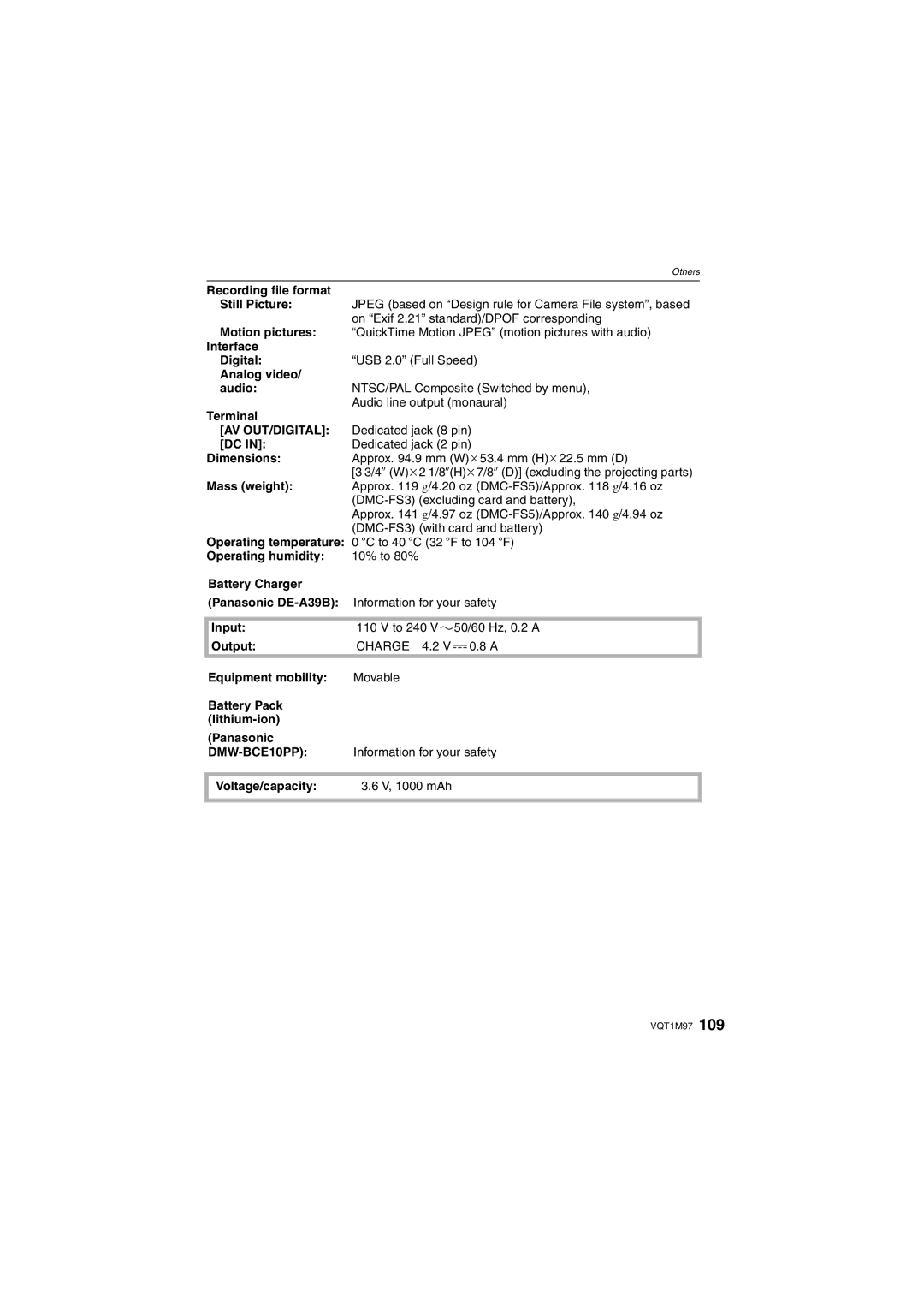 Panasonic DMC-FS5, DMCFS3S, DMCFS3K, DMCFS3A, DMC-FS3 operating instructions Av Out/Digital, Charge 4.2, DMW-BCE10PP 