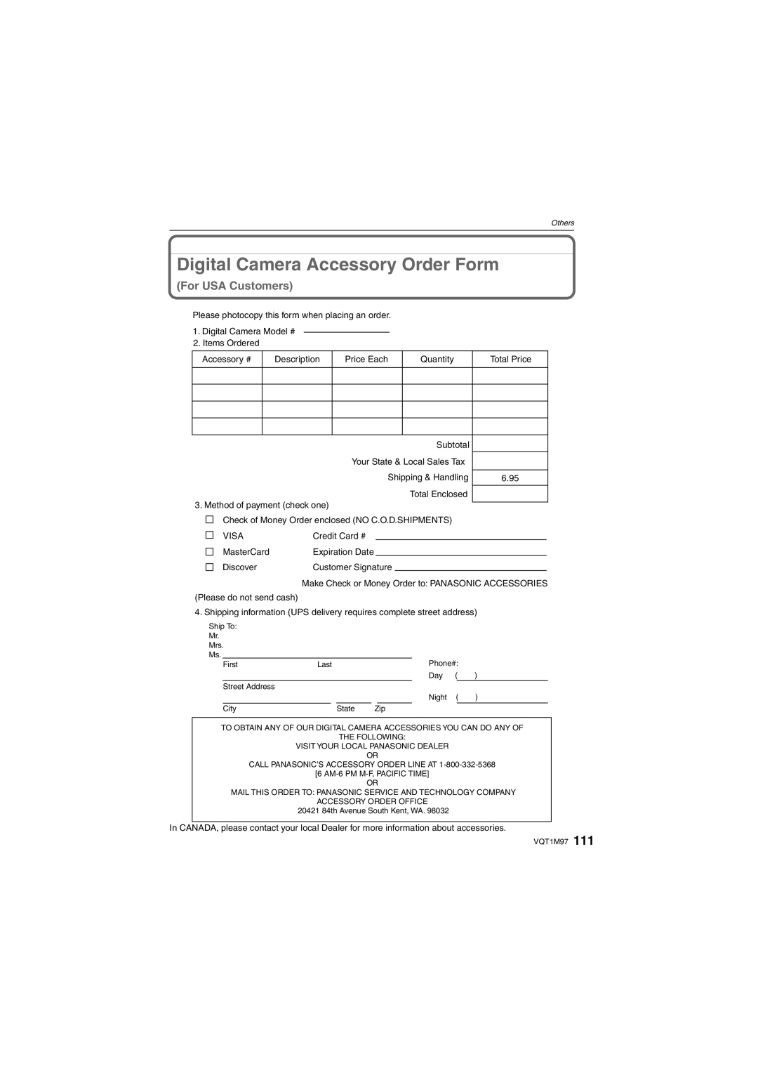 Panasonic DMCFS3K, DMCFS3S, DMCFS3A, DMC-FS3, DMC-FS5 operating instructions Digital Camera Accessory Order Form 