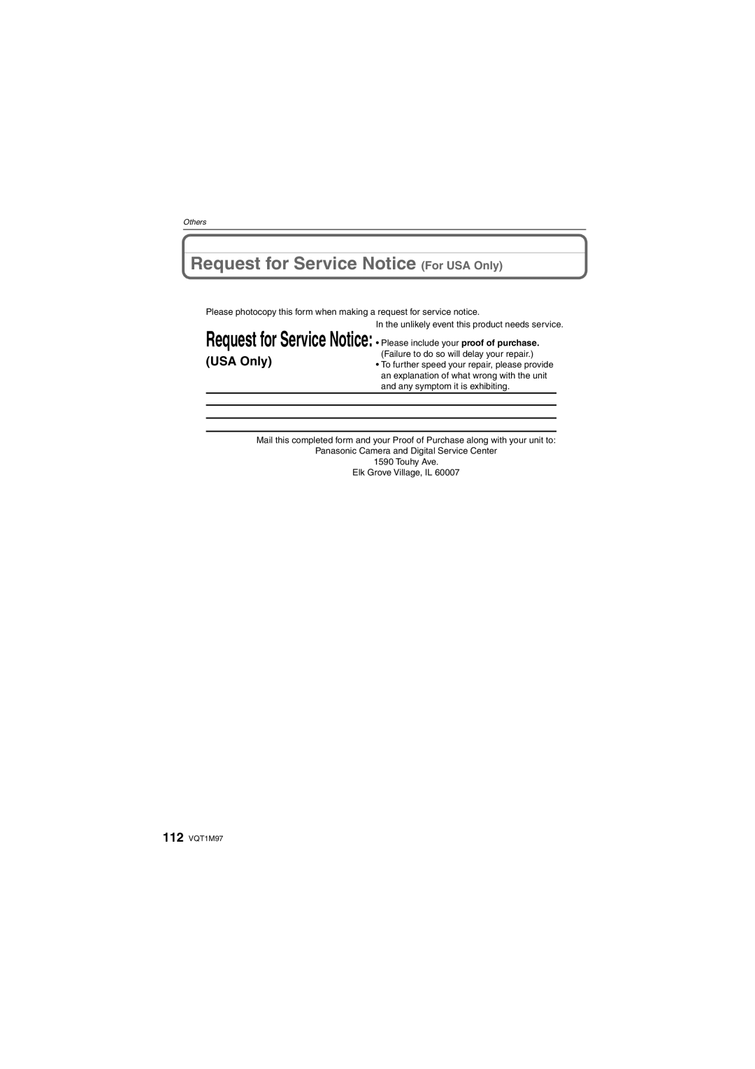 Panasonic DMCFS3A, DMCFS3S, DMCFS3K, DMC-FS3, DMC-FS5 operating instructions Request for Service Notice For USA Only 