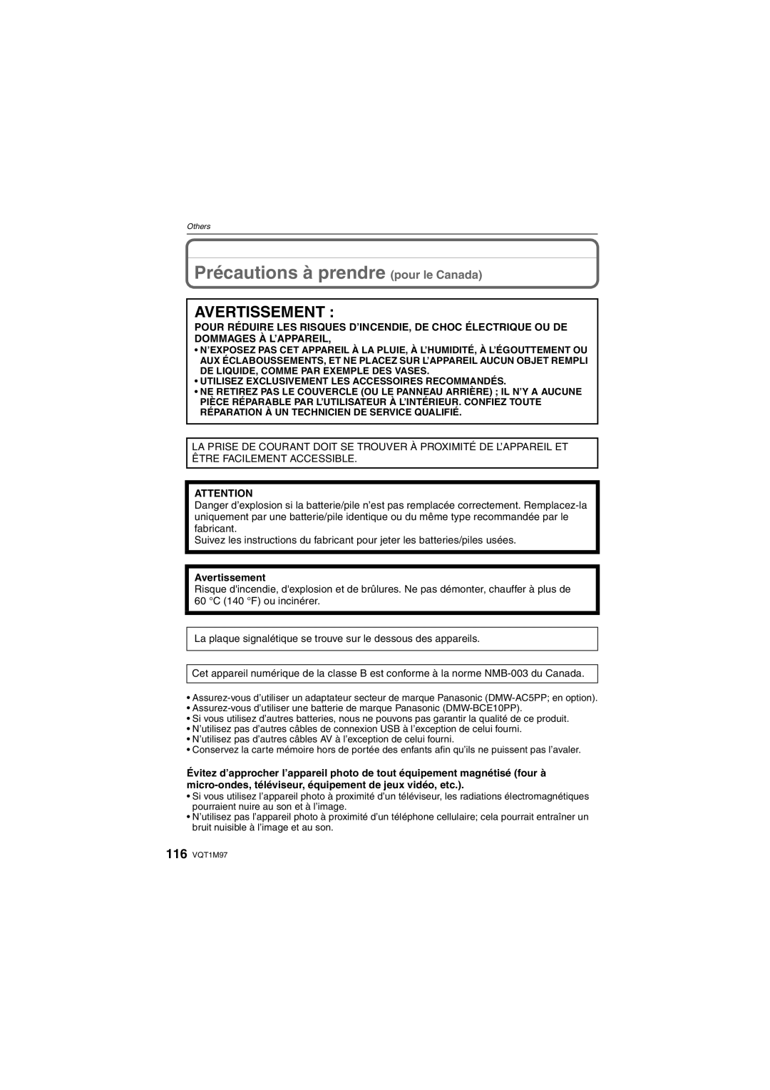 Panasonic DMCFS3K, DMCFS3S, DMCFS3A, DMC-FS3, DMC-FS5 Précautions à prendre pour le Canada, Avertissement 