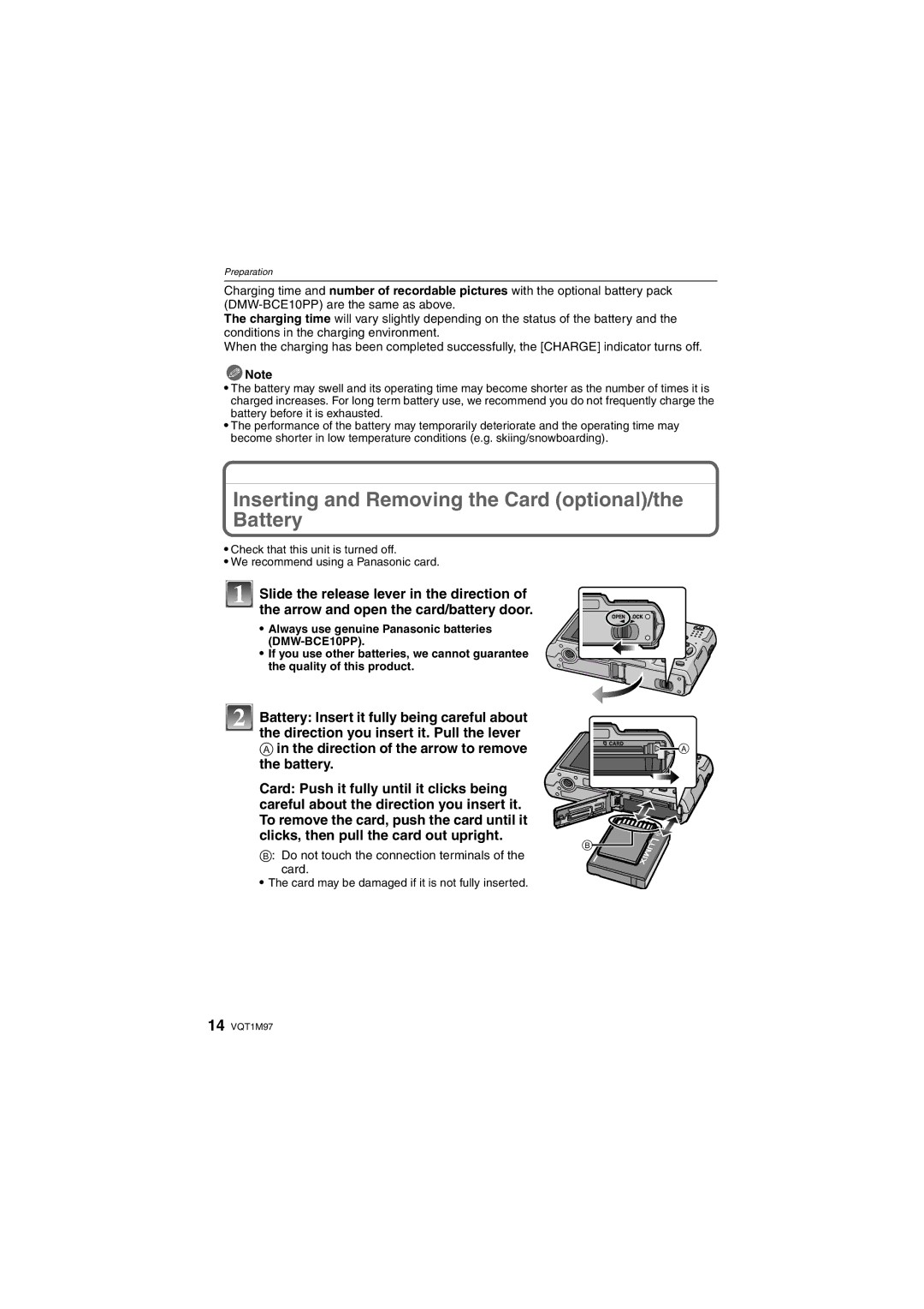 Panasonic DMC-FS5, DMCFS3S Inserting and Removing the Card optional/the Battery, Do not touch the connection terminals 