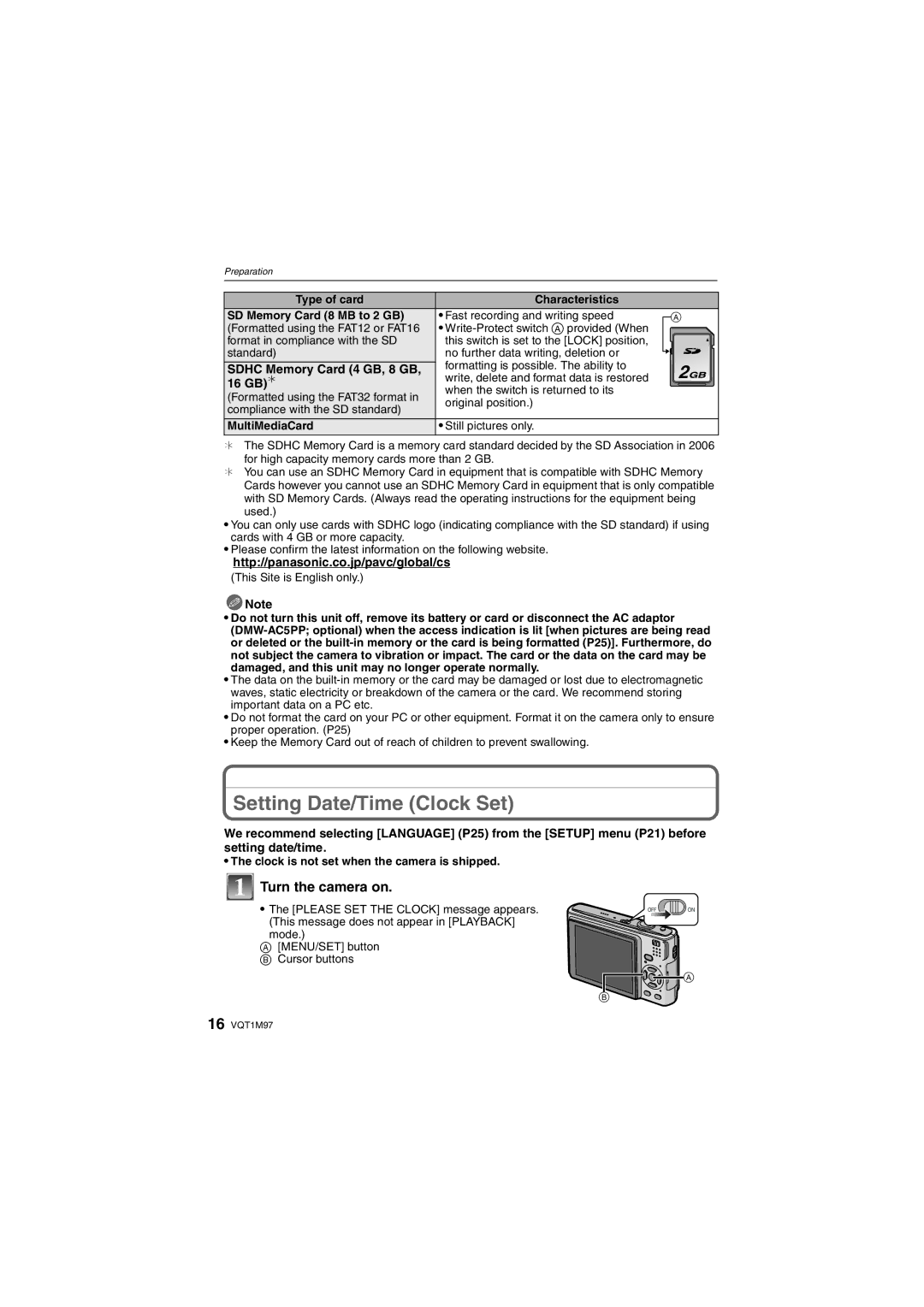 Panasonic DMCFS3K, DMCFS3S, DMCFS3A Setting Date/Time Clock Set, Turn the camera on, Sdhc Memory Card 4 GB, 8 GB, 16 GB ¢ 