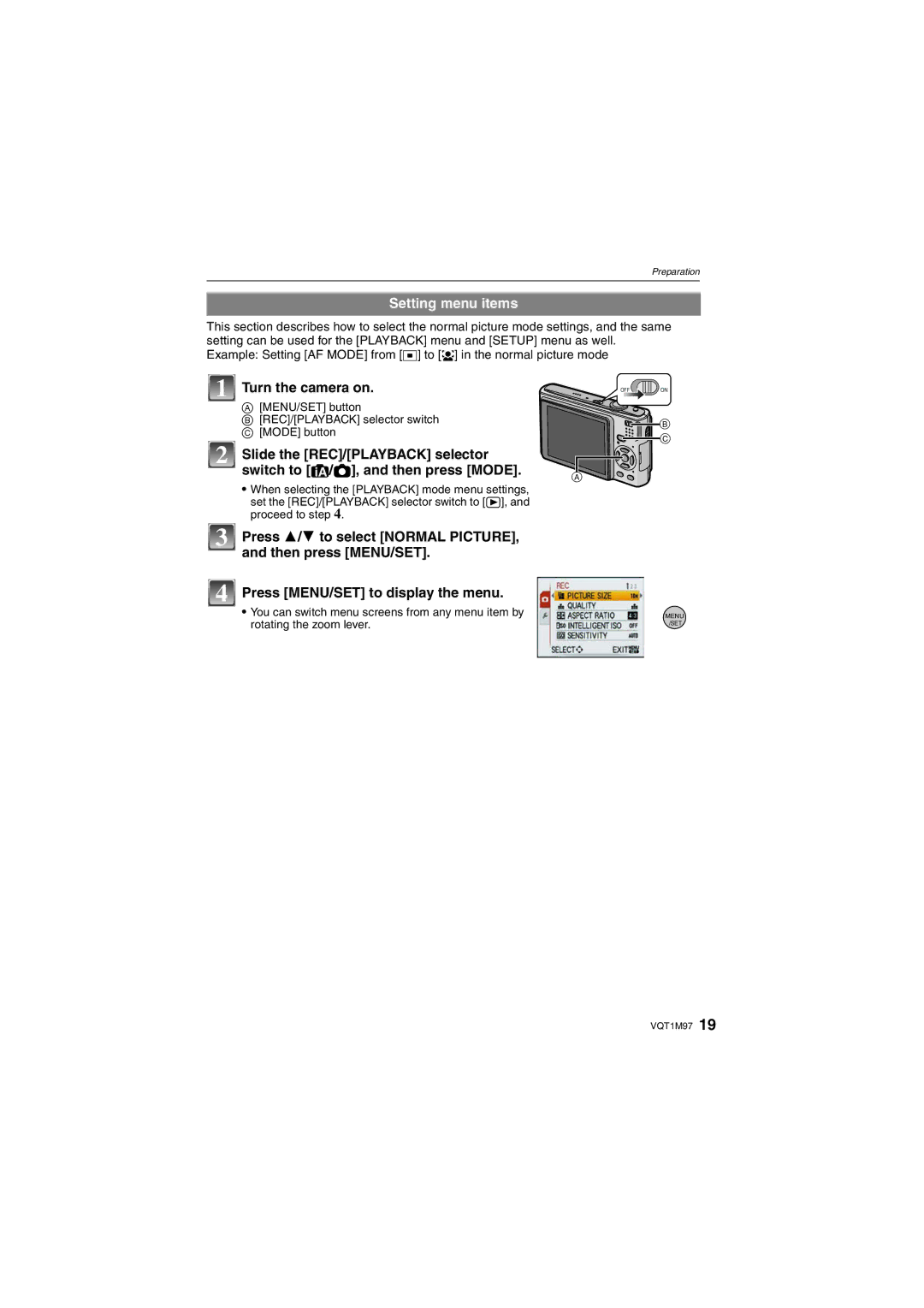 Panasonic DMC-FS5, DMCFS3S, DMCFS3K, DMCFS3A, DMC-FS3 operating instructions Setting menu items, Turn the camera on 