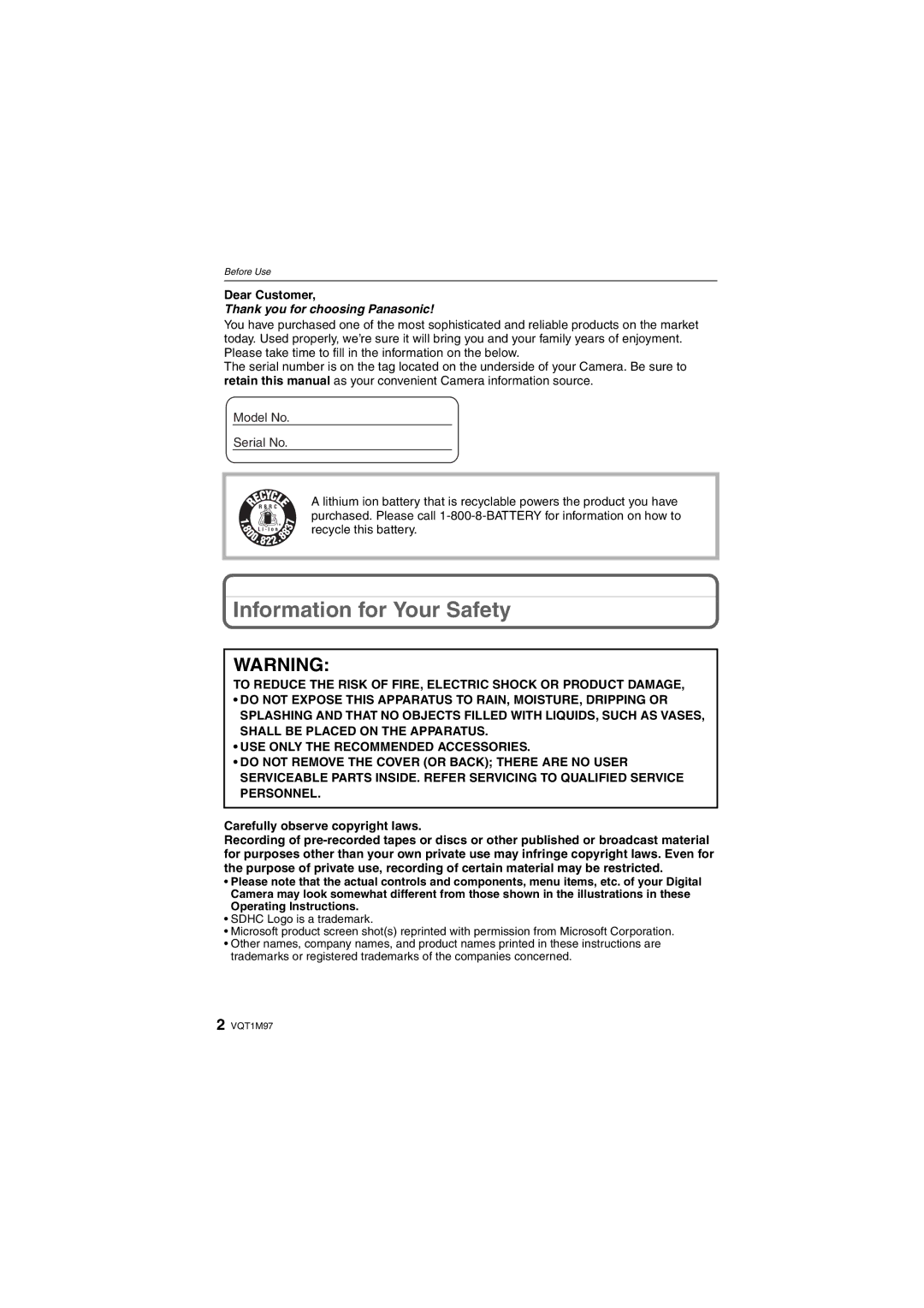 Panasonic DMCFS3A, DMCFS3S, DMCFS3K, DMC-FS3, DMC-FS5 operating instructions Dear Customer, Carefully observe copyright laws 