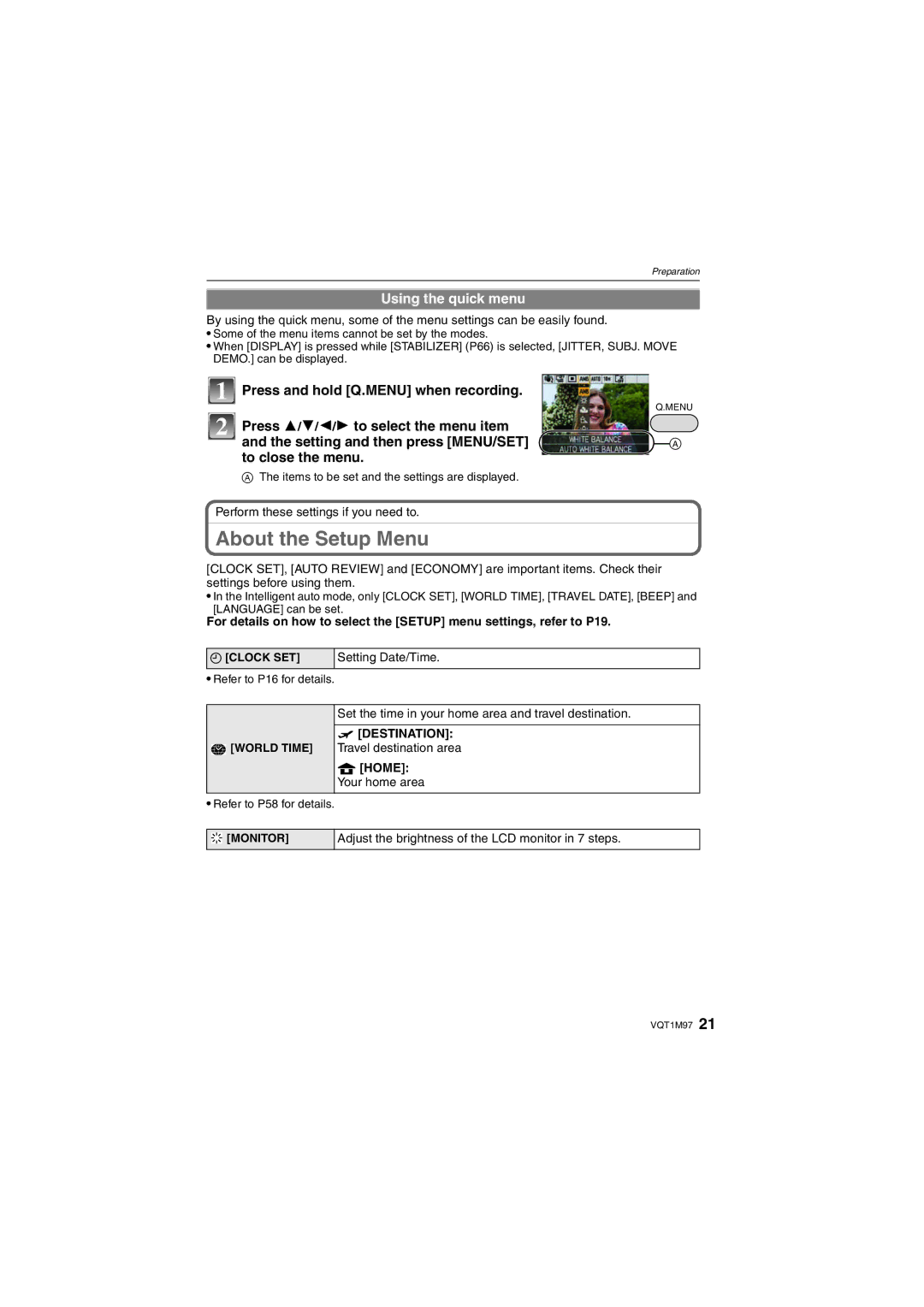 Panasonic DMCFS3K, DMCFS3S, DMCFS3A, DMC-FS3 About the Setup Menu, Using the quick menu, Destination, Home Your home area 