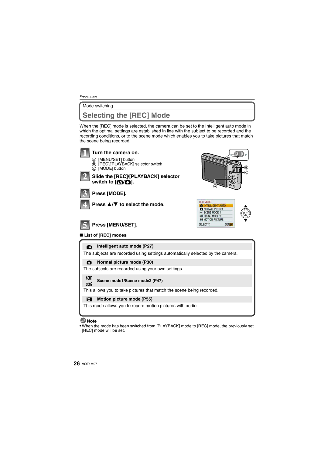 Panasonic DMCFS3K, DMCFS3S, DMCFS3A, DMC-FS3, DMC-FS5 Selecting the REC Mode, Slide the REC/PLAYBACK selector switch to 