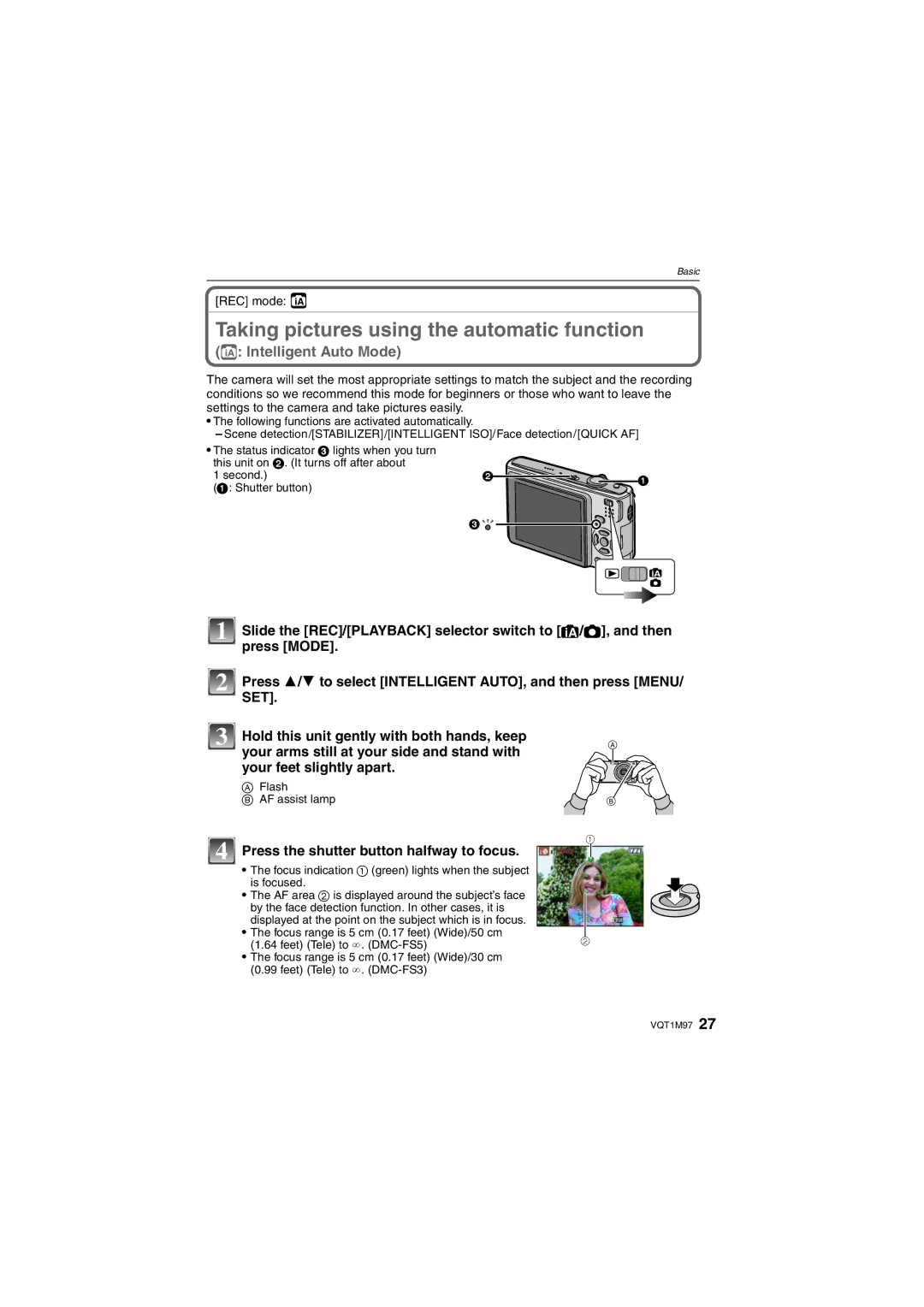 Panasonic DMCFS3A Taking pictures using the automatic function, Press the shutter button halfway to focus, REC mode ñ 