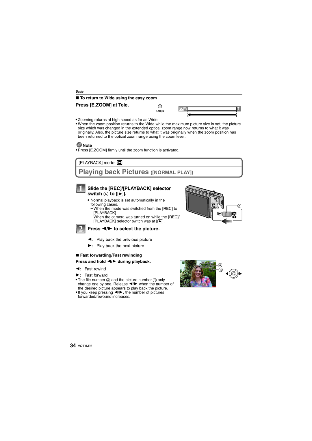 Panasonic DMC-FS5 Playing back Pictures Normal Play, Press E.ZOOM at Tele, Slide the REC/PLAYBACK selector switch a to 