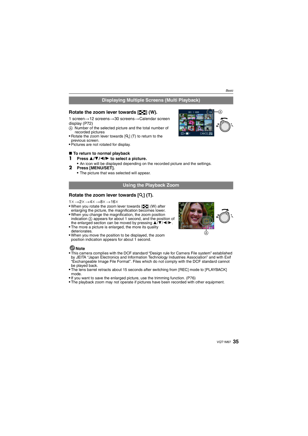 Panasonic DMCFS3S Displaying Multiple Screens Multi Playback, Rotate the zoom lever towards L W, Using the Playback Zoom 