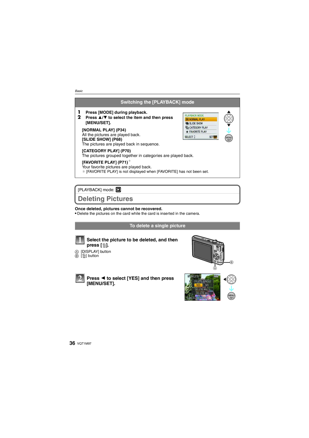 Panasonic DMCFS3K, DMCFS3S, DMCFS3A, DMC-FS3 Deleting Pictures, Switching the Playback mode, To delete a single picture 