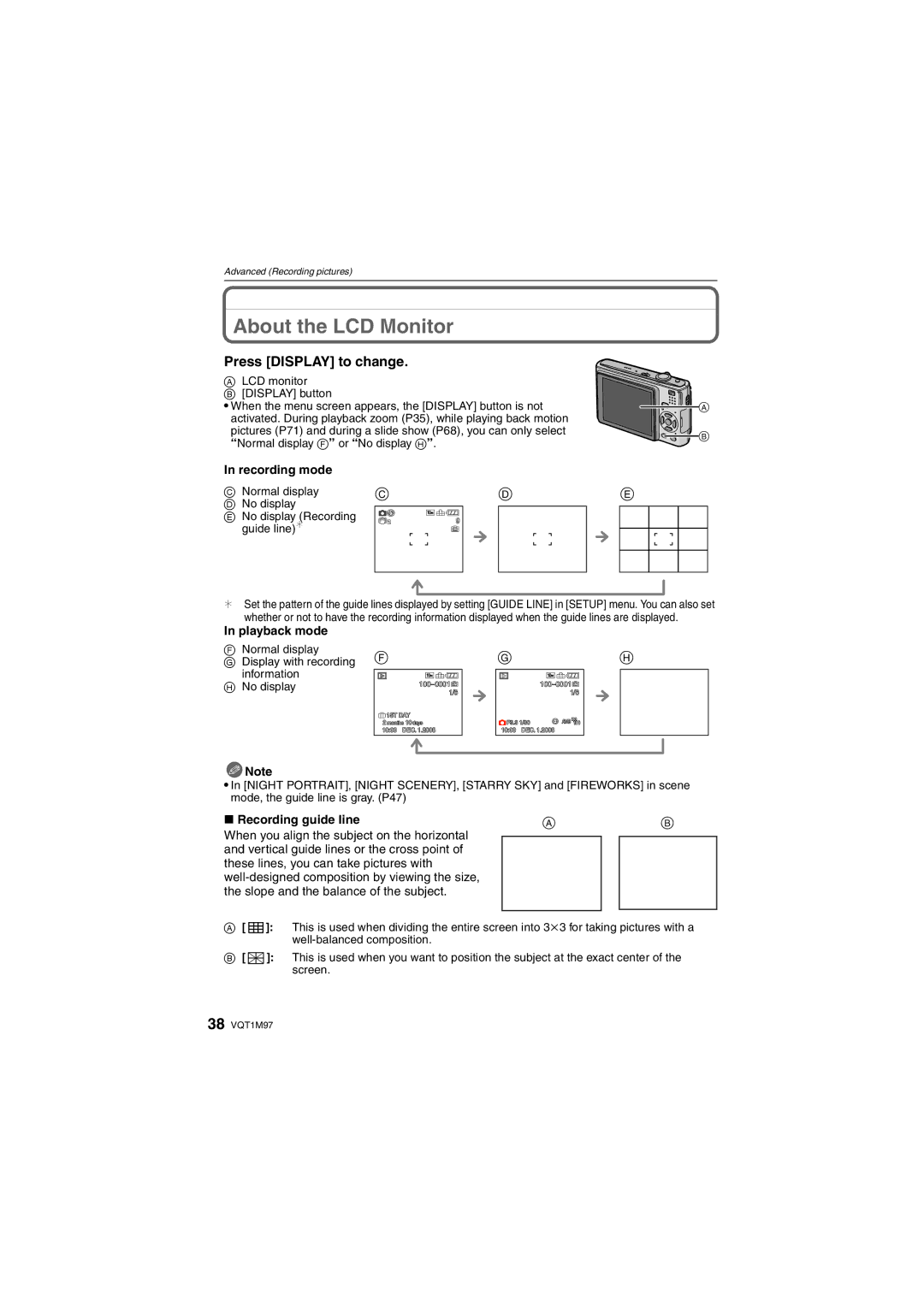 Panasonic DMC-FS3 About the LCD Monitor, Press Display to change, Recording mode, Playback mode, Recording guide line 