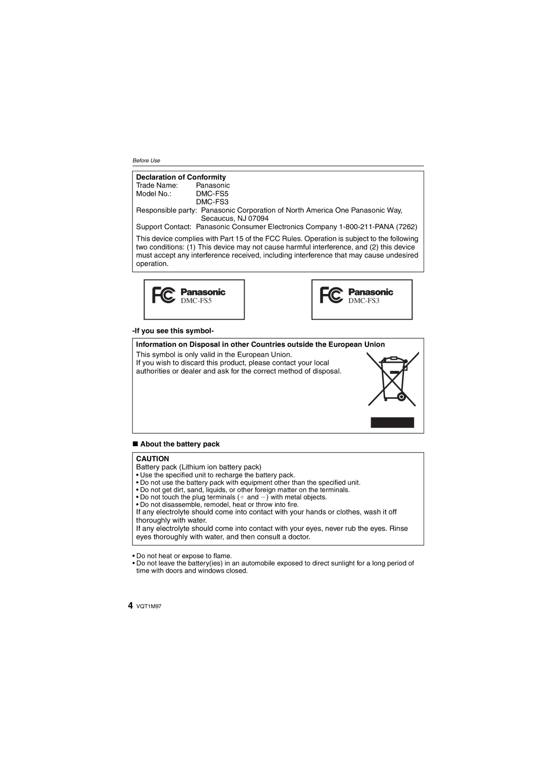 Panasonic DMC-FS5, DMCFS3S, DMCFS3K, DMCFS3A Declaration of Conformity, If you see this symbol, About the battery pack 