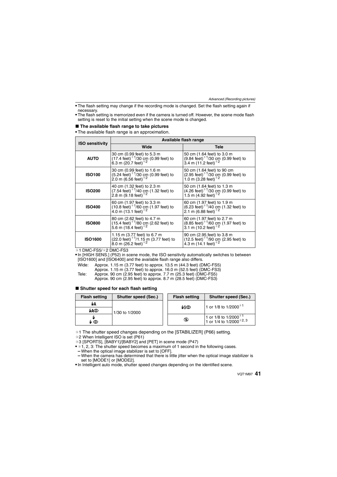 Panasonic DMCFS3K, DMCFS3S, DMCFS3A Available flash range to take pictures, Available flash range is an approximation 