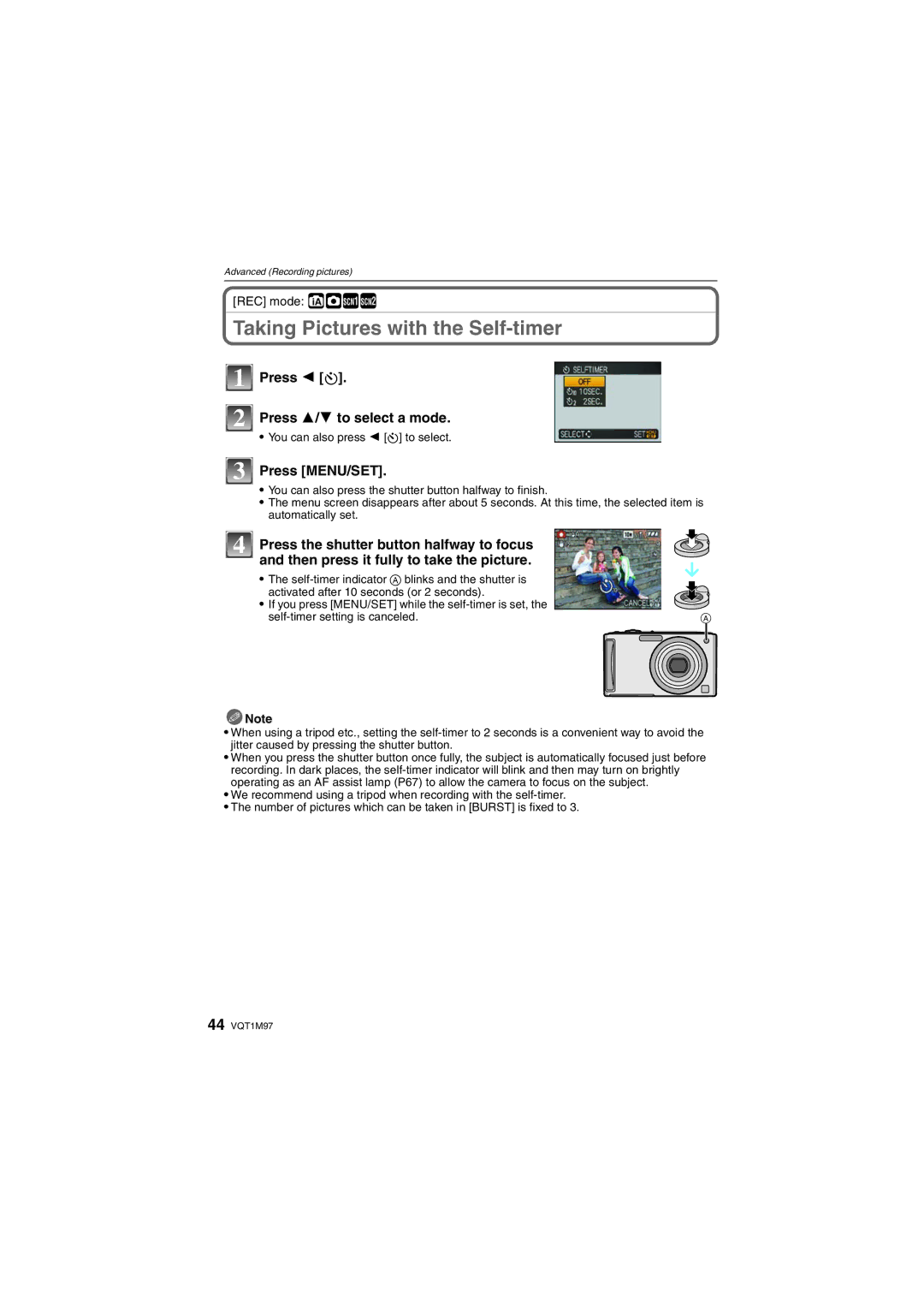 Panasonic DMC-FS5, DMCFS3S, DMCFS3K, DMCFS3A, DMC-FS3 operating instructions Taking Pictures with the Self-timer, Press 2 ë 