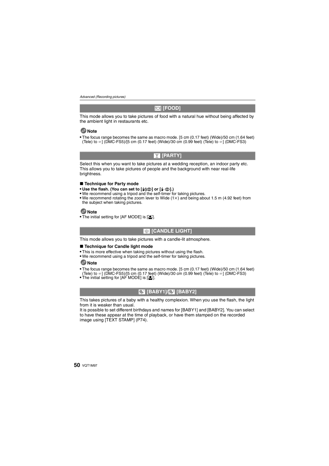 Panasonic DMCFS3S, DMCFS3K, DMCFS3A, DMC-FS3, DMC-FS5 operating instructions Food, Party, Candle Light, BABY1/ BABY2 