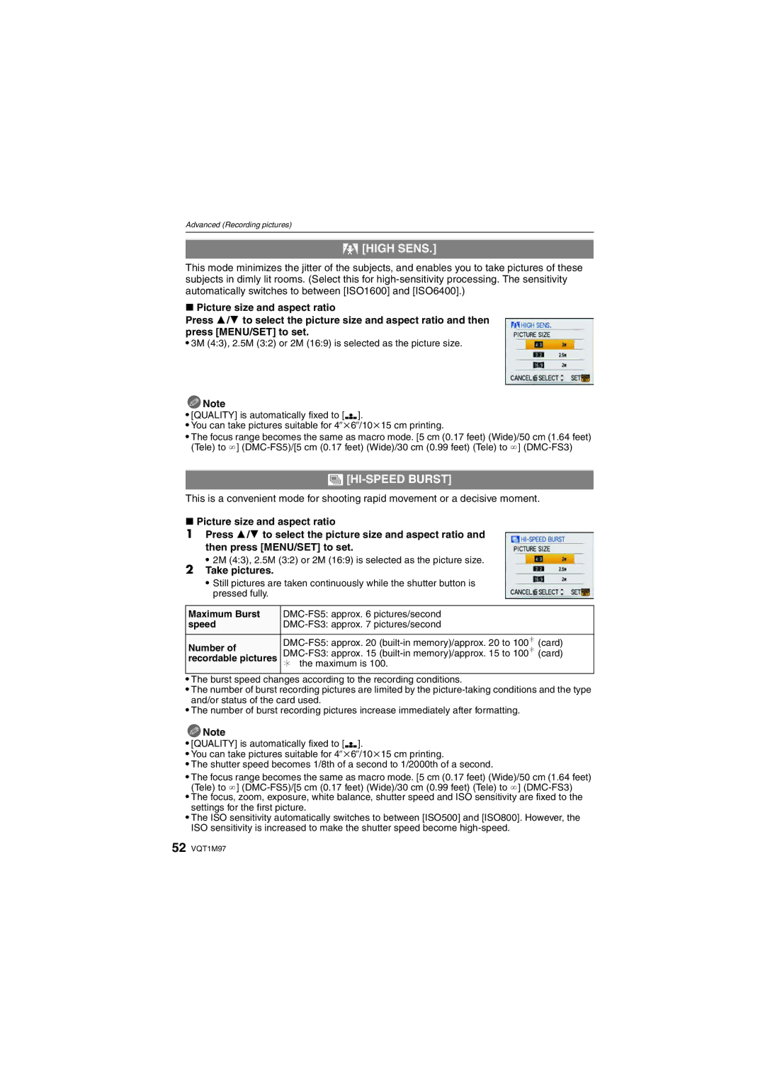 Panasonic DMCFS3A, DMCFS3S, DMCFS3K, DMC-FS3, DMC-FS5 operating instructions High Sens, HI-SPEED Burst, Take pictures 