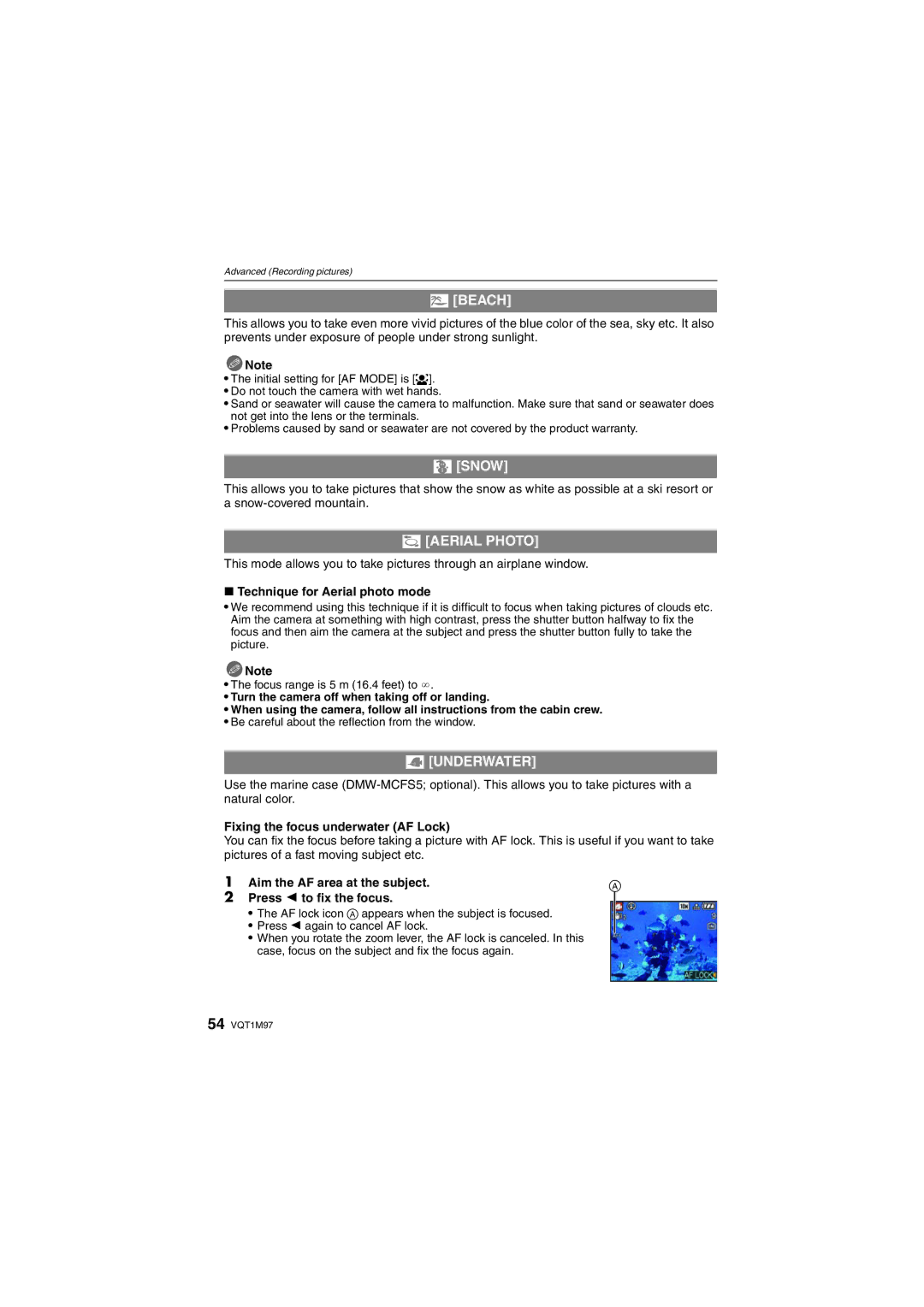 Panasonic DMC-FS5, DMCFS3S, DMCFS3K, DMCFS3A, DMC-FS3 operating instructions Beach, Snow, Aerial Photo, Underwater 