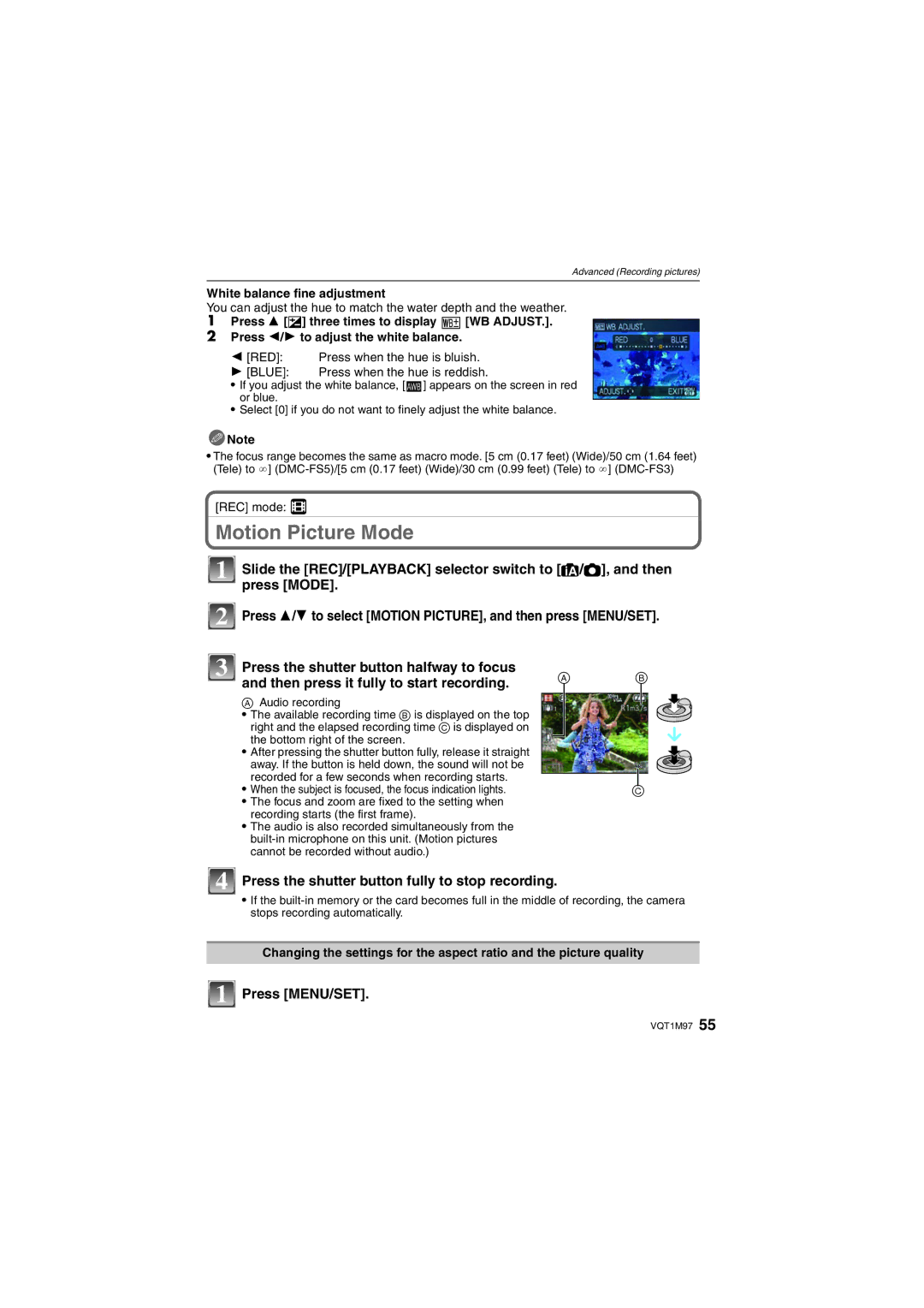 Panasonic DMCFS3S Motion Picture Mode, Press the shutter button fully to stop recording, White balance fine adjustment 