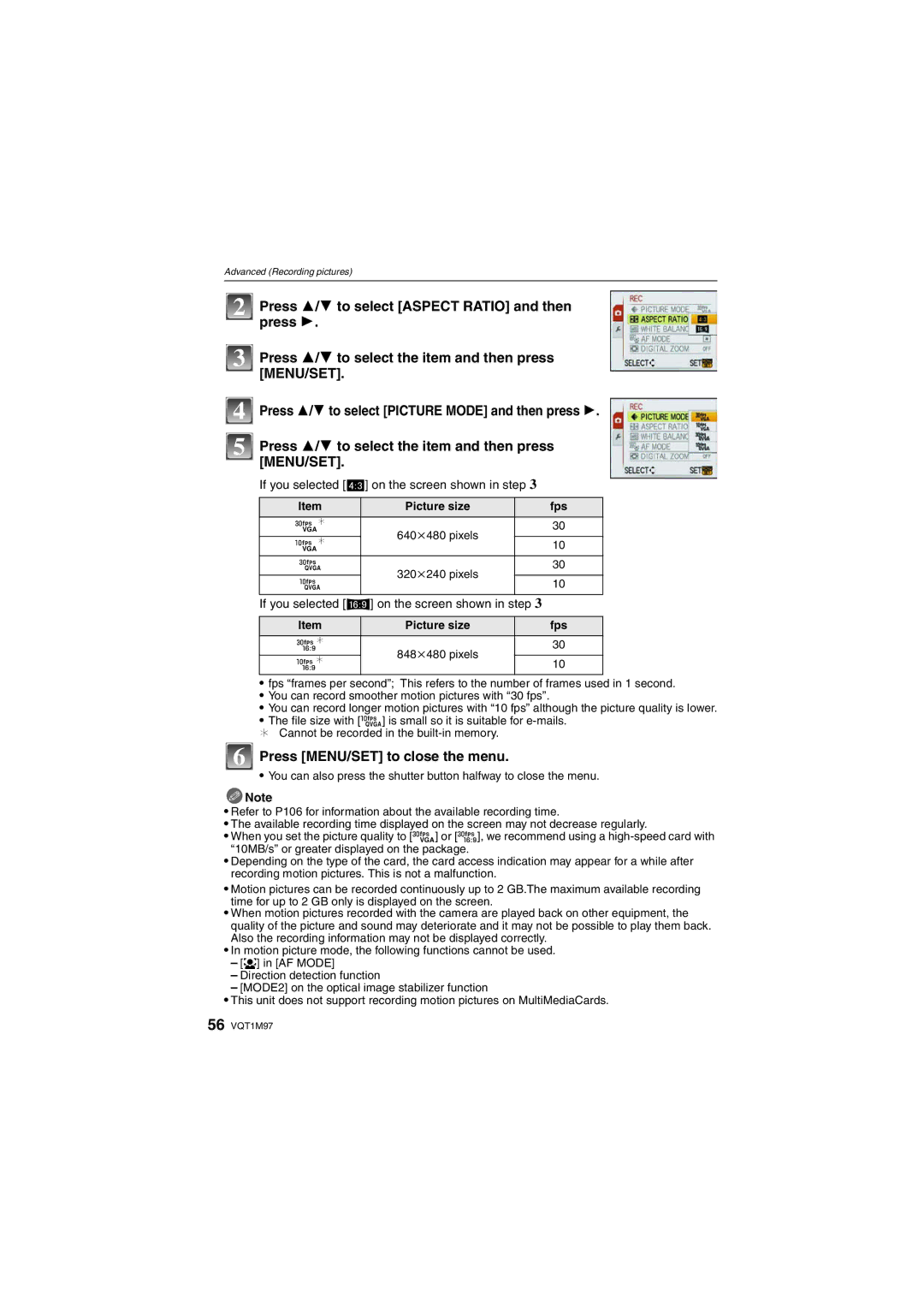 Panasonic DMCFS3K, DMCFS3S Press 3/ 4 to select Aspect Ratio and then, Press Press 3/ 4 to select the item and then press 