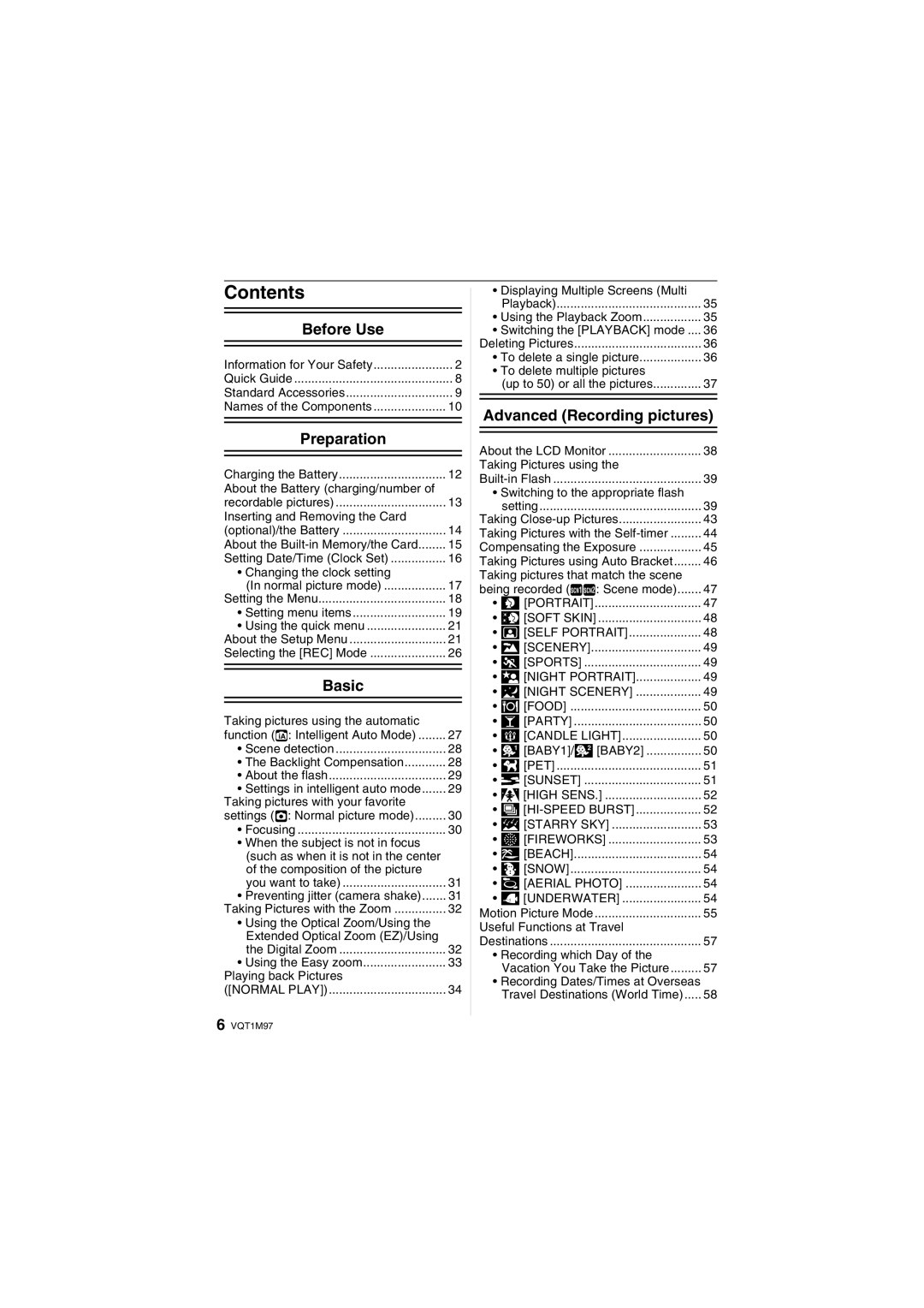 Panasonic DMCFS3K, DMCFS3S, DMCFS3A, DMC-FS3, DMC-FS5 operating instructions Contents 