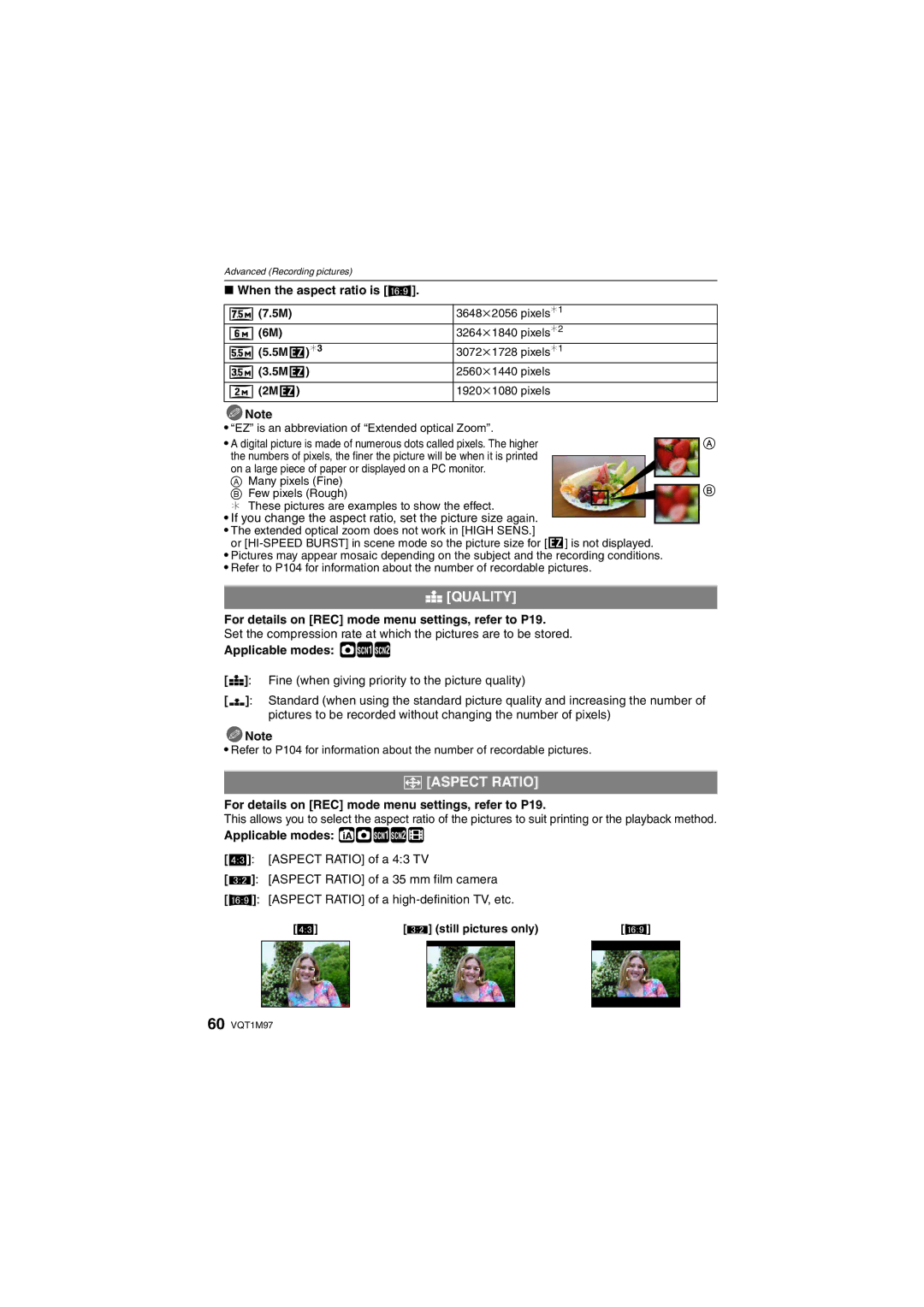 Panasonic DMCFS3S Quality, ? Aspect Ratio, When the aspect ratio is W, Applicable modes ·½¾, Applicable modes ñ·½¾n 