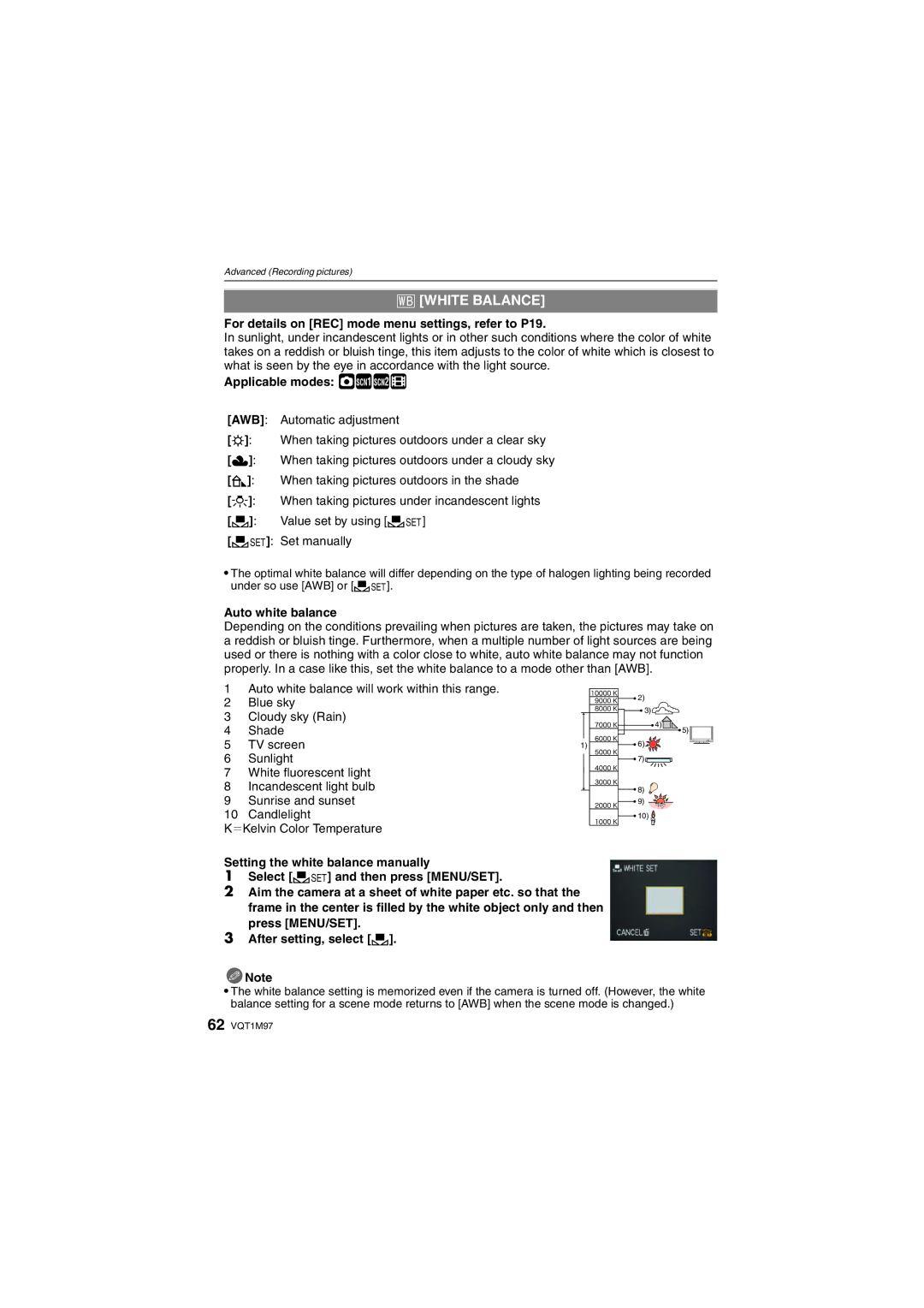 Panasonic DMCFS3A, DMCFS3S, DMCFS3K, DMC-FS3, DMC-FS5 = White Balance, Applicable modes ·½¾n, Auto white balance 