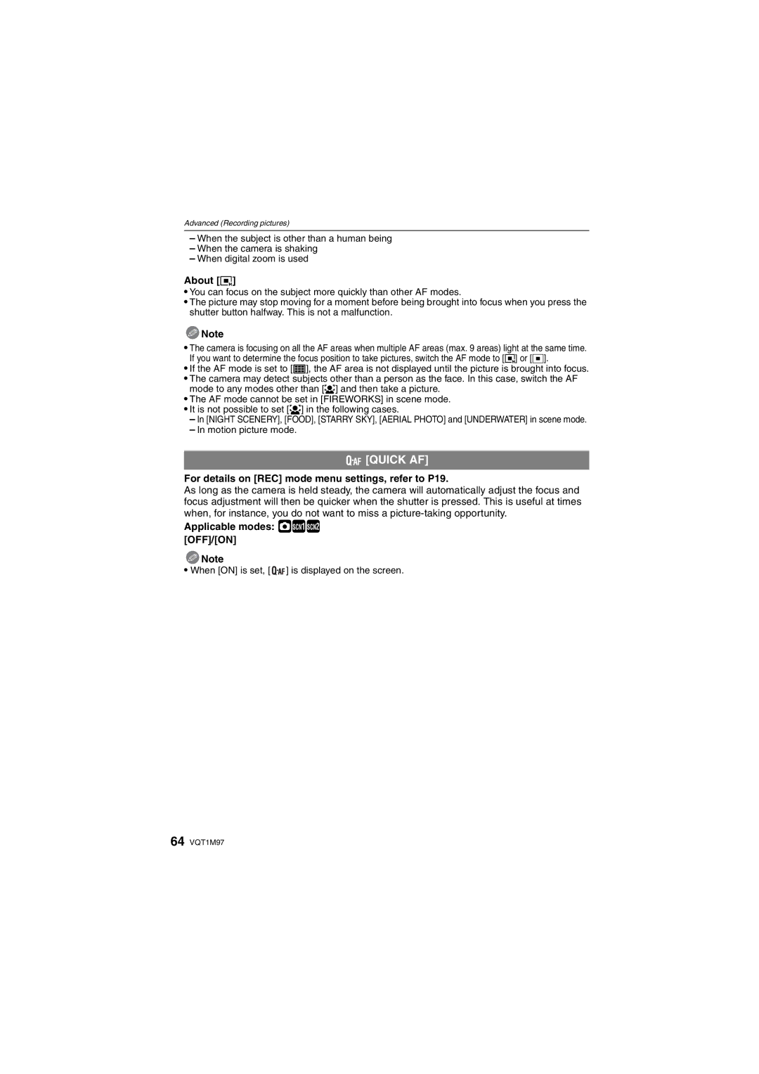 Panasonic DMC-FS5, DMCFS3S, DMCFS3K, DMCFS3A, DMC-FS3 operating instructions Quick AF, About ƒ, Applicable modes ·½¾ OFF/ON 