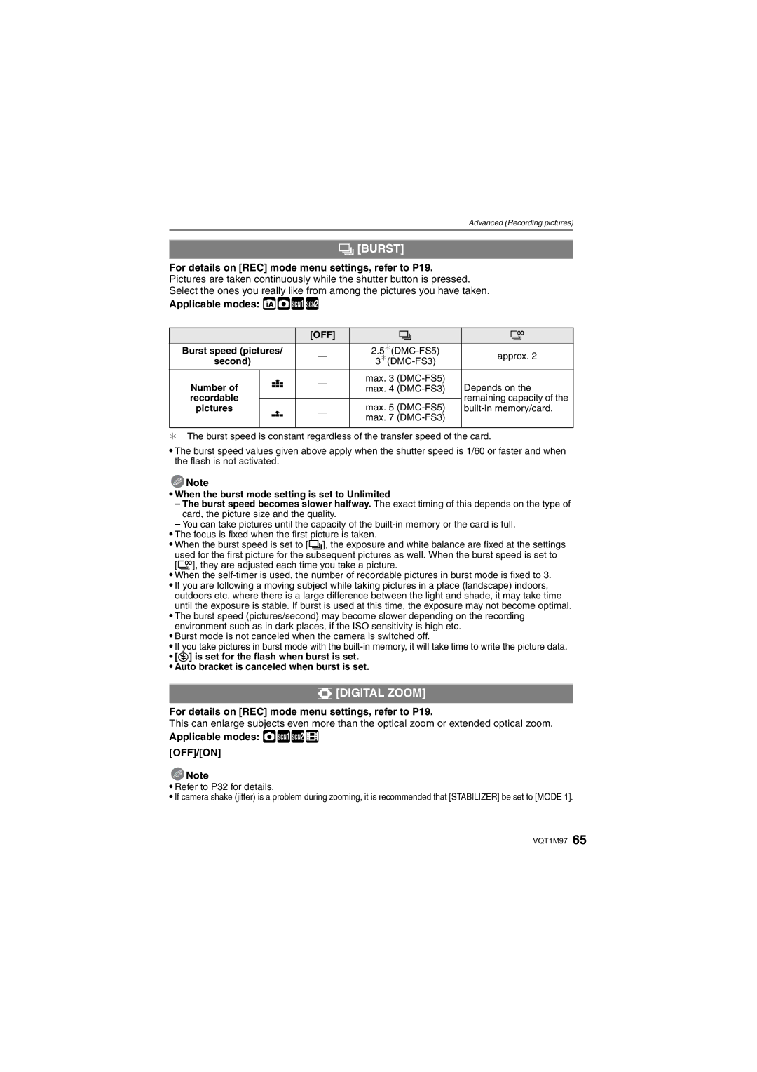 Panasonic DMCFS3S, DMCFS3K, DMCFS3A, DMC-FS3, DMC-FS5 ˜ Burst, Digital Zoom, Applicable modes ·½¾n OFF/ON 