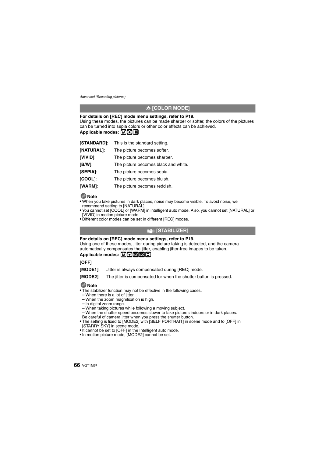 Panasonic DMCFS3K, DMCFS3S, DMCFS3A, DMC-FS3, DMC-FS5 operating instructions Color Mode, Stabilizer, Applicable modes ñ·n 