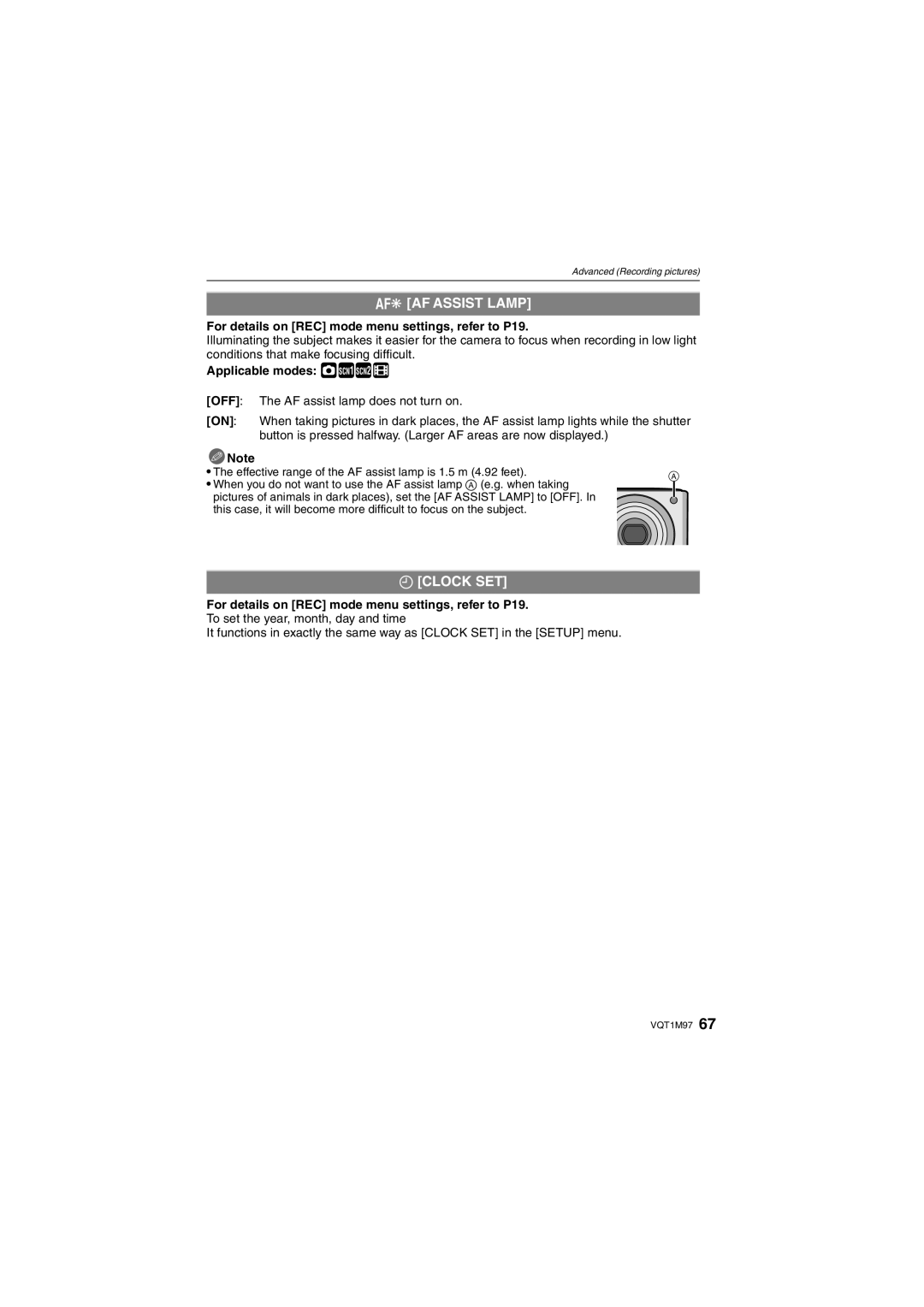 Panasonic DMCFS3A, DMCFS3S, DMCFS3K, DMC-FS3, DMC-FS5 operating instructions AF Assist Lamp, Clock SET 