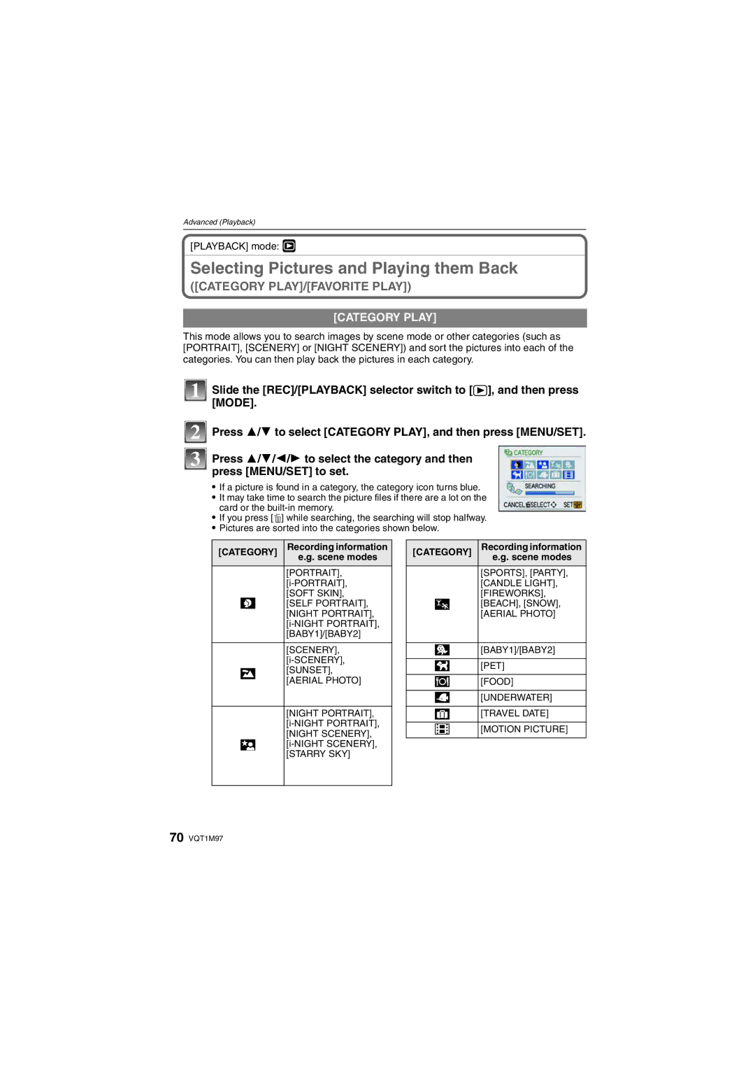 Panasonic DMCFS3S, DMCFS3K Selecting Pictures and Playing them Back, Category Play, Recording information, Scene modes 