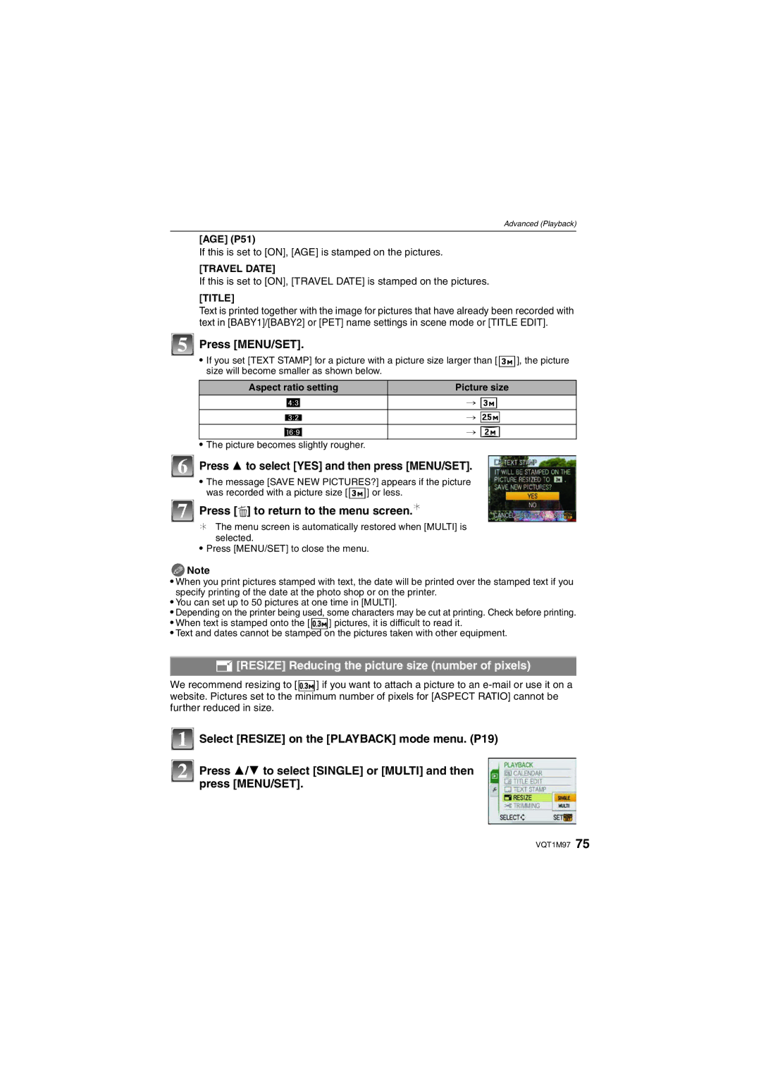 Panasonic DMCFS3S Press 3 to select YES and then press MENU/SET, Resize Reducing the picture size number of pixels, Title 