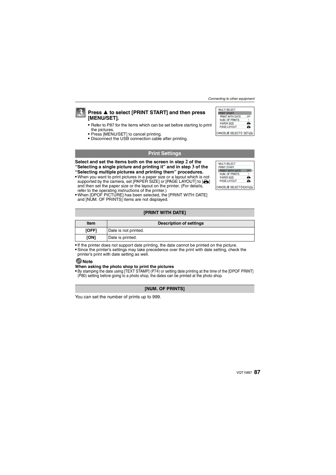 Panasonic DMCFS3A, DMCFS3S Print Settings, Select and set the items both on the screen, Print with Date, NUM. of Prints 