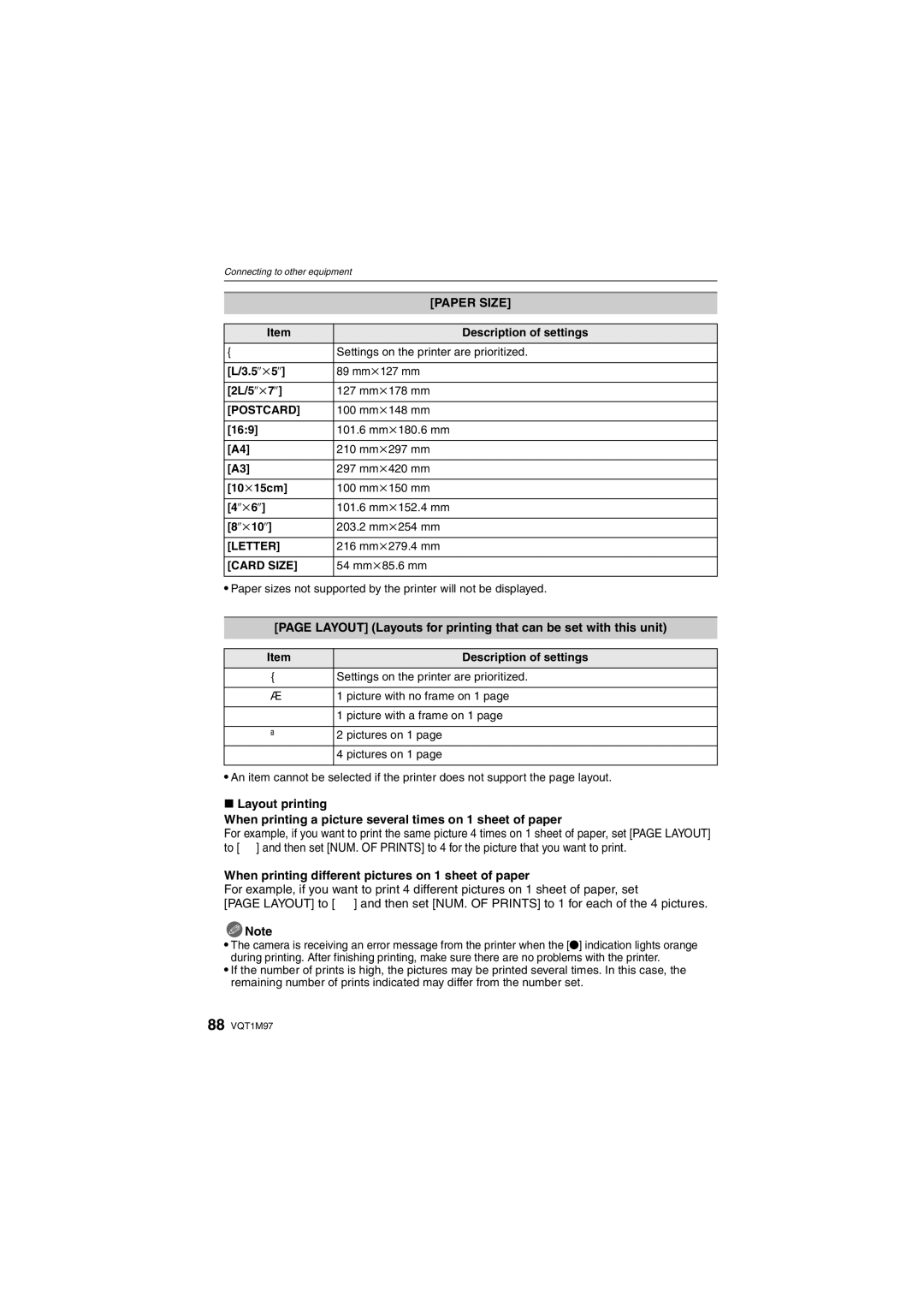 Panasonic DMC-FS3, DMCFS3S, DMCFS3K, DMCFS3A, DMC-FS5 Paper Size, Layout Layouts for printing that can be set with this unit 