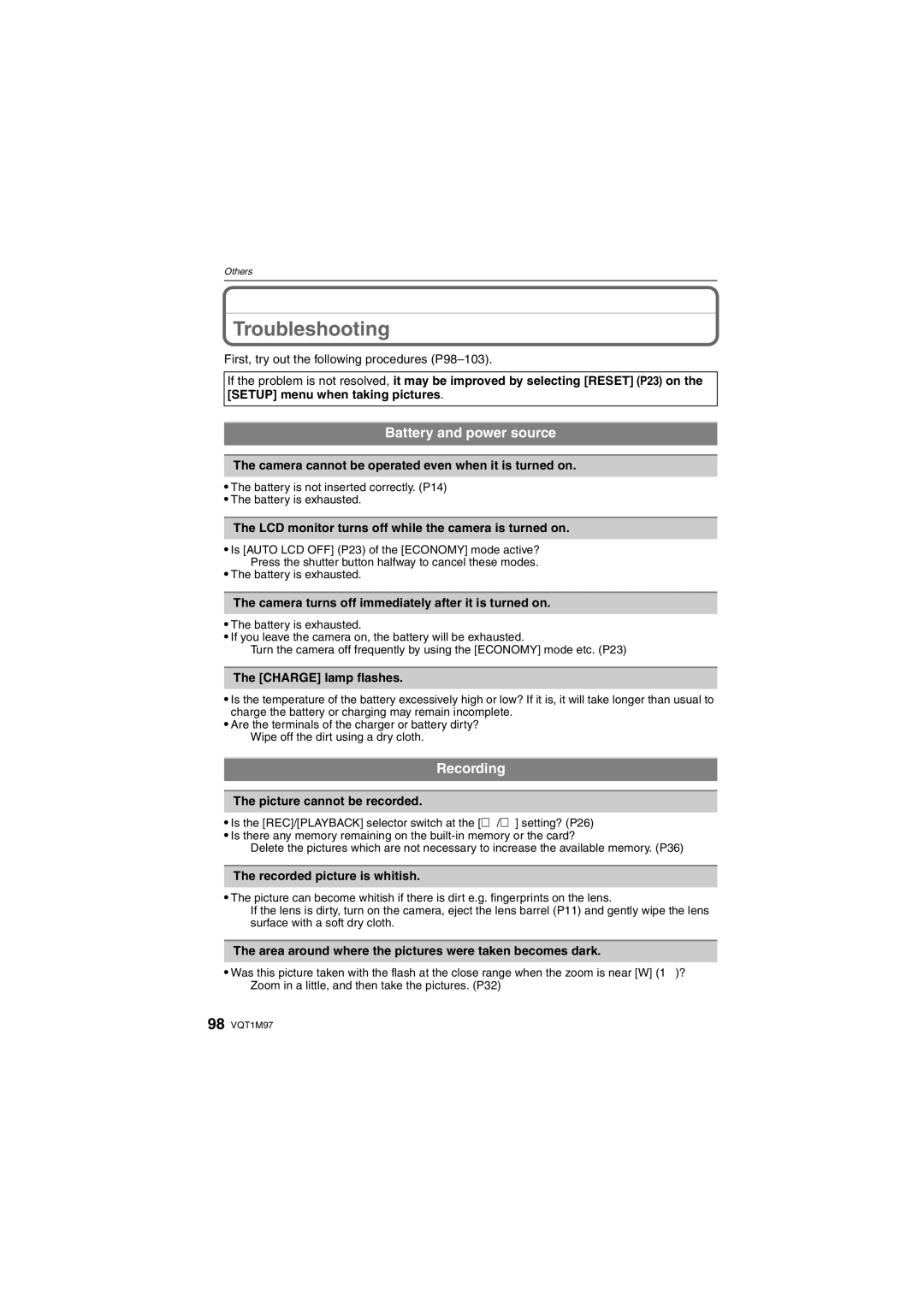 Panasonic DMC-FS3, DMCFS3S, DMCFS3K, DMCFS3A, DMC-FS5 Troubleshooting, Battery and power source, Recording 