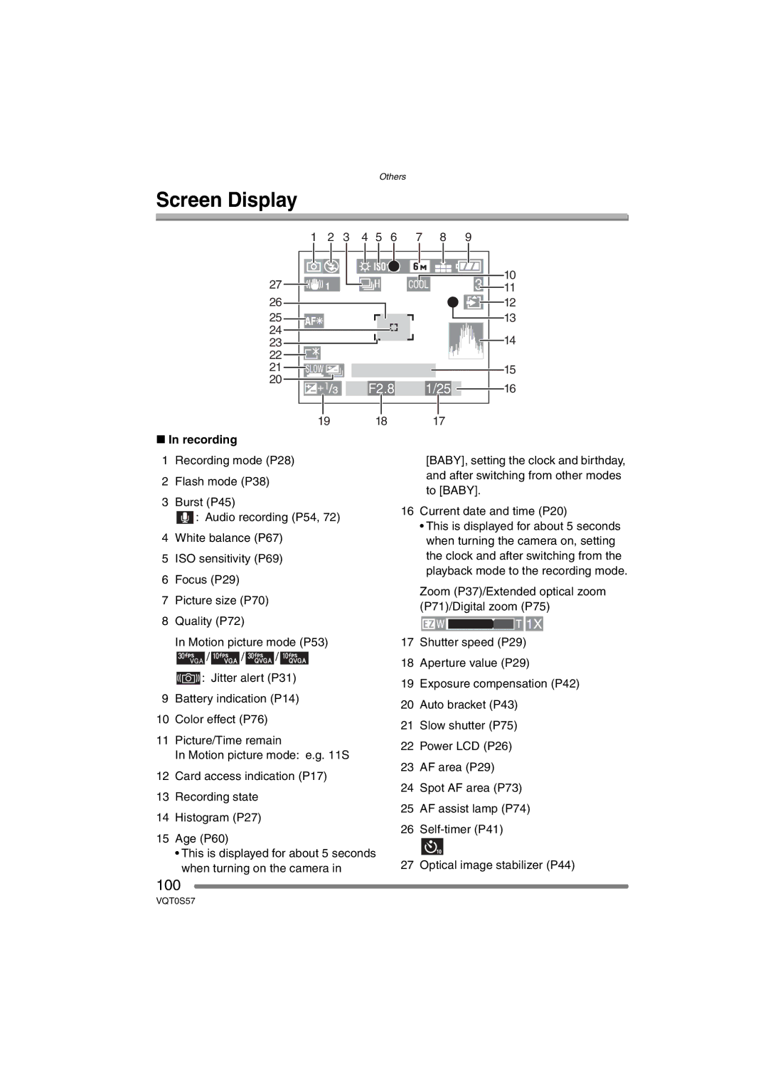 Panasonic DMCFX9S, DMCFX9K, DMC-FX9PP operating instructions Screen Display, 100, Recording 