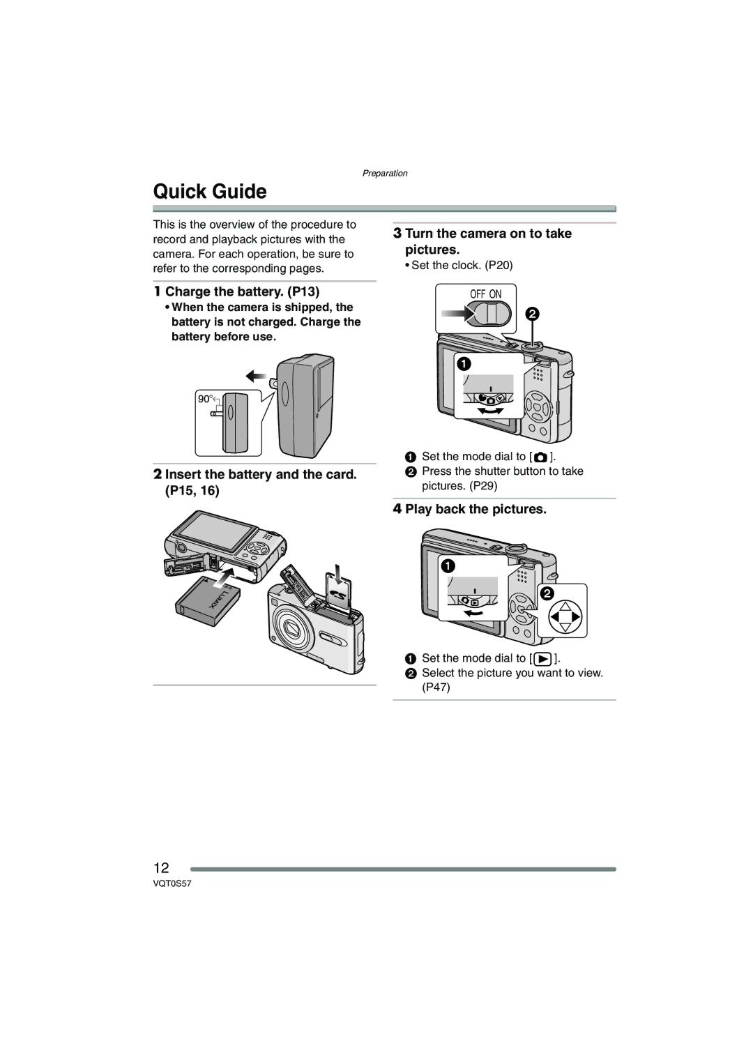 Panasonic DMCFX9K, DMCFX9S, DMC-FX9PP Quick Guide, Charge the battery. P13, Play back the pictures, Set the clock. P20 