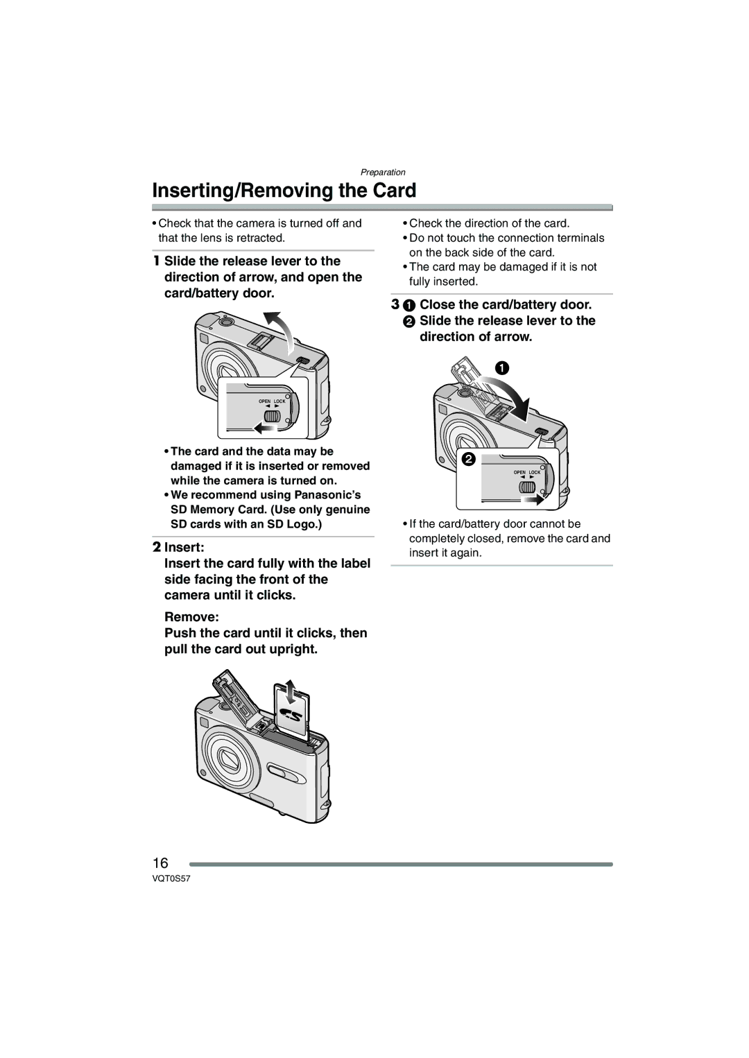 Panasonic DMCFX9S, DMCFX9K, DMC-FX9PP operating instructions Inserting/Removing the Card 