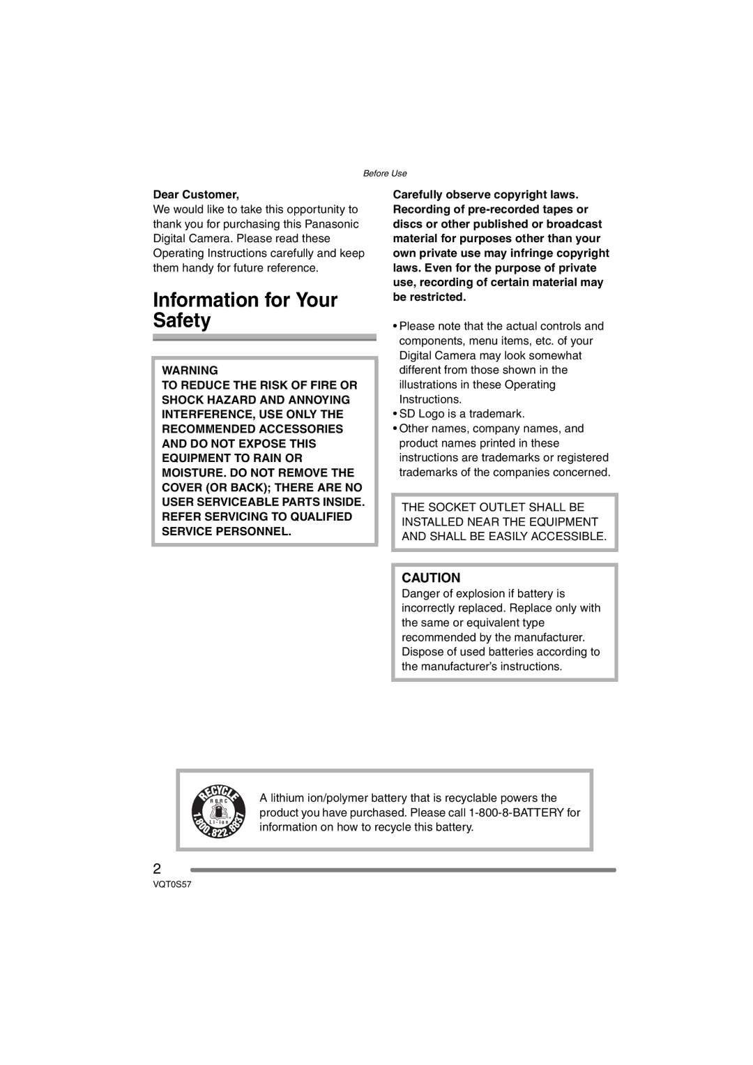 Panasonic DMC-FX9PP, DMCFX9K, DMCFX9S operating instructions Information for Your Safety, Dear Customer 