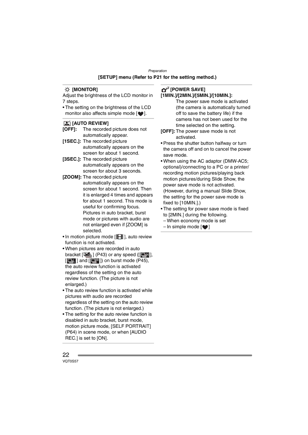 Panasonic DMCFX9S Setup menu Refer to P21 for the setting method, Adjust the brightness of the LCD monitor in 7 steps 