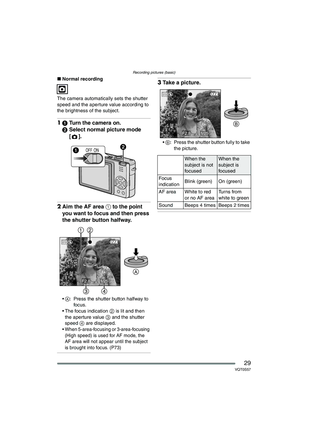 Panasonic DMC-FX9PP, DMCFX9K, DMCFX9S Take a picture, Turn the camera on Select normal picture mode, Normal recording 