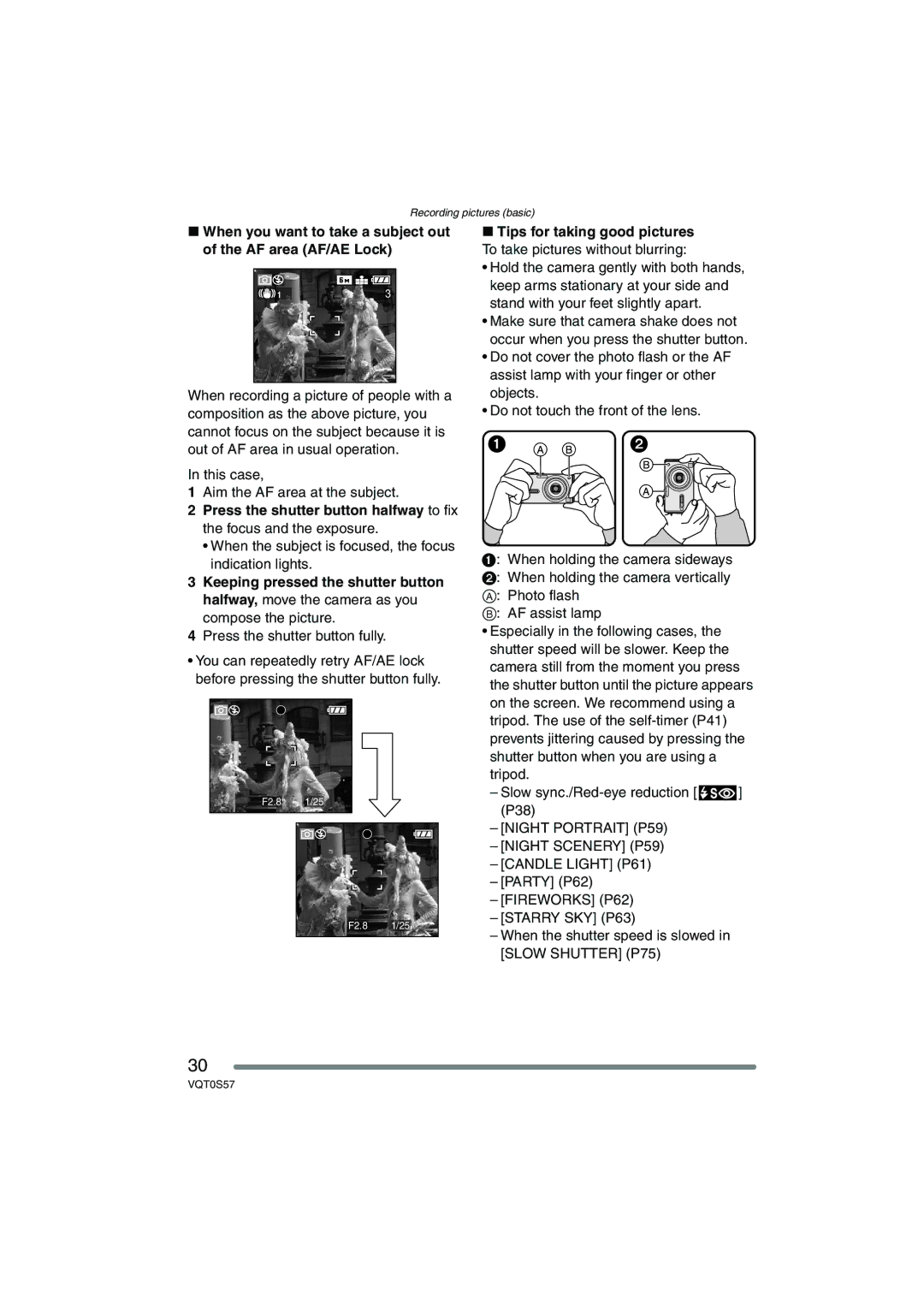 Panasonic DMCFX9K When the subject is focused, the focus indication lights, Press the shutter button fully, Party P62 