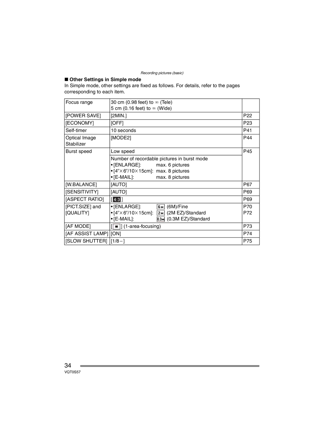 Panasonic DMCFX9S, DMCFX9K, DMC-FX9PP operating instructions Other Settings in Simple mode 