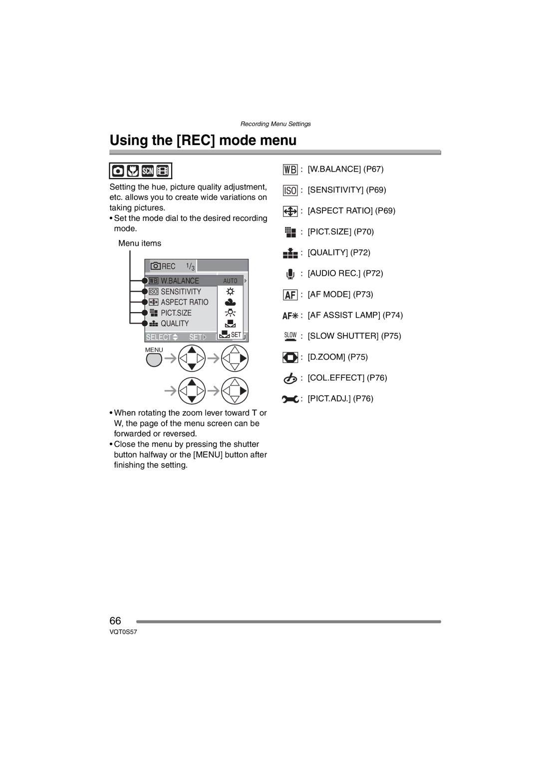 Panasonic DMCFX9K, DMCFX9S, DMC-FX9PP operating instructions Using the REC mode menu 