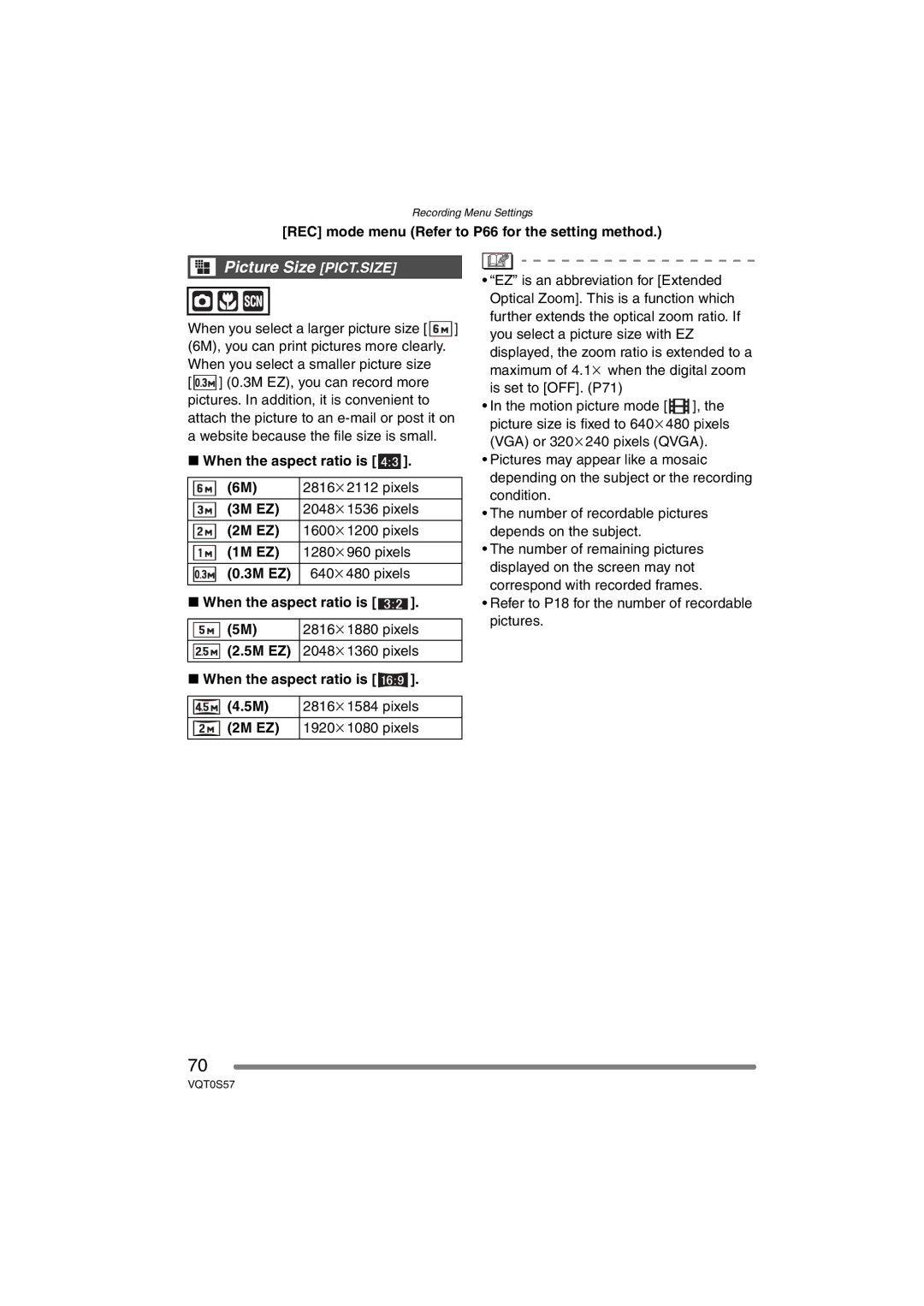 Panasonic DMCFX9S, DMCFX9K, DMC-FX9PP operating instructions Picture Size PICT.SIZE 