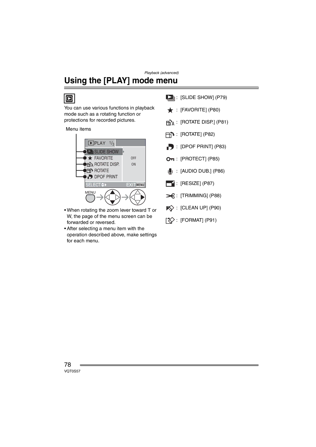 Panasonic DMCFX9K, DMCFX9S, DMC-FX9PP operating instructions Using the Play mode menu, Menu items 